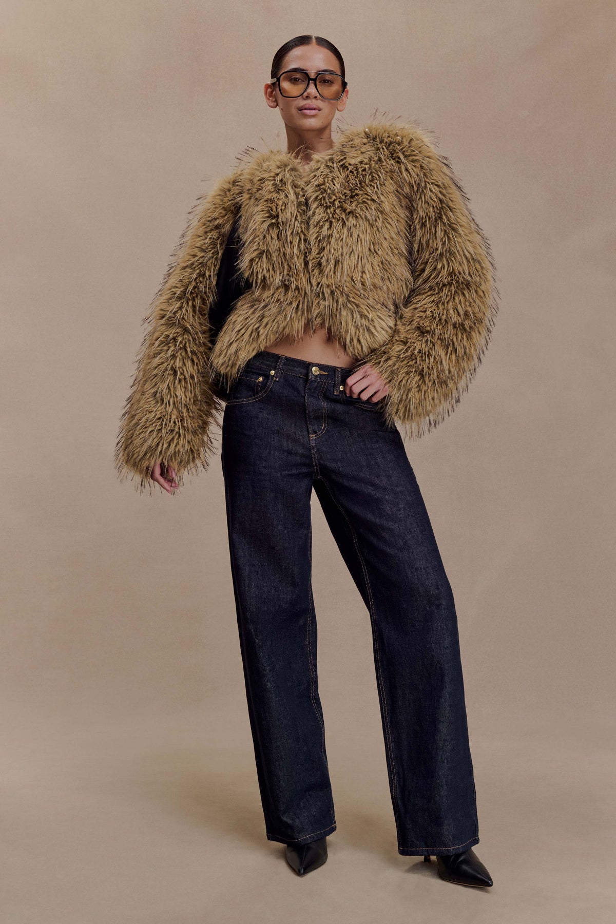 Ottie Mongolian Faux Fur Cropped Jacket Brown Multi