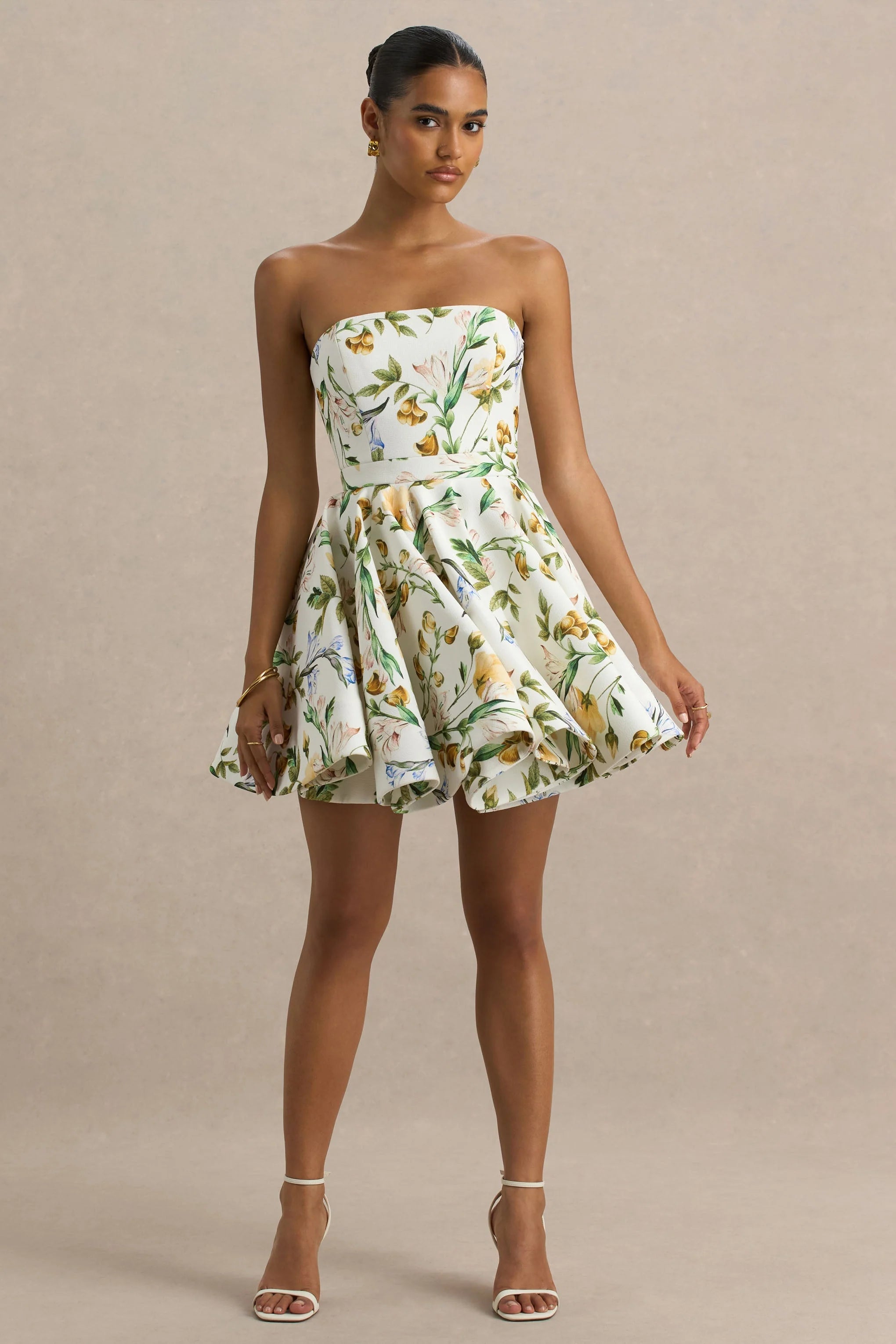 Valerian Lemon Floral Print Bandeau Mini Dress With Ruffle Hem