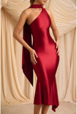 Women Formal Satin Dress One Shoulder Asymmetrical Scarf Mermaid Hem Midi Dress Cocktail Prom Gown