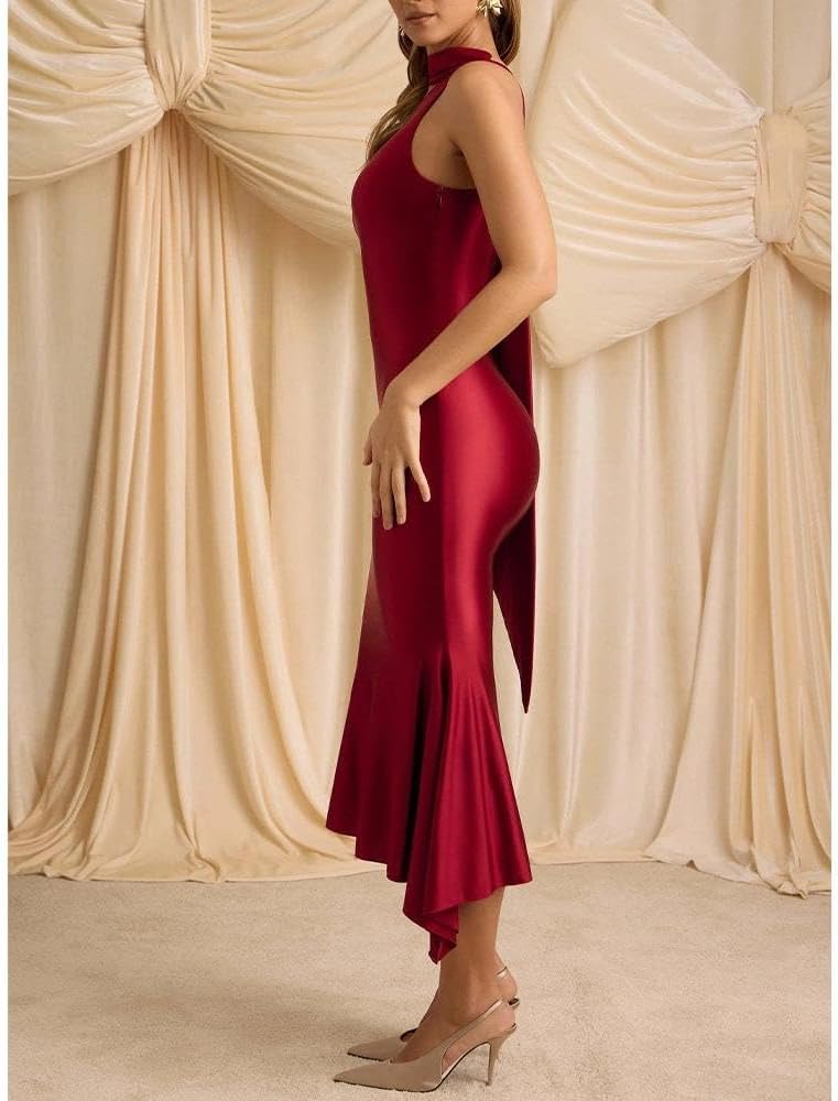 Women Formal Satin Dress One Shoulder Asymmetrical Scarf Mermaid Hem Midi Dress Cocktail Prom Gown