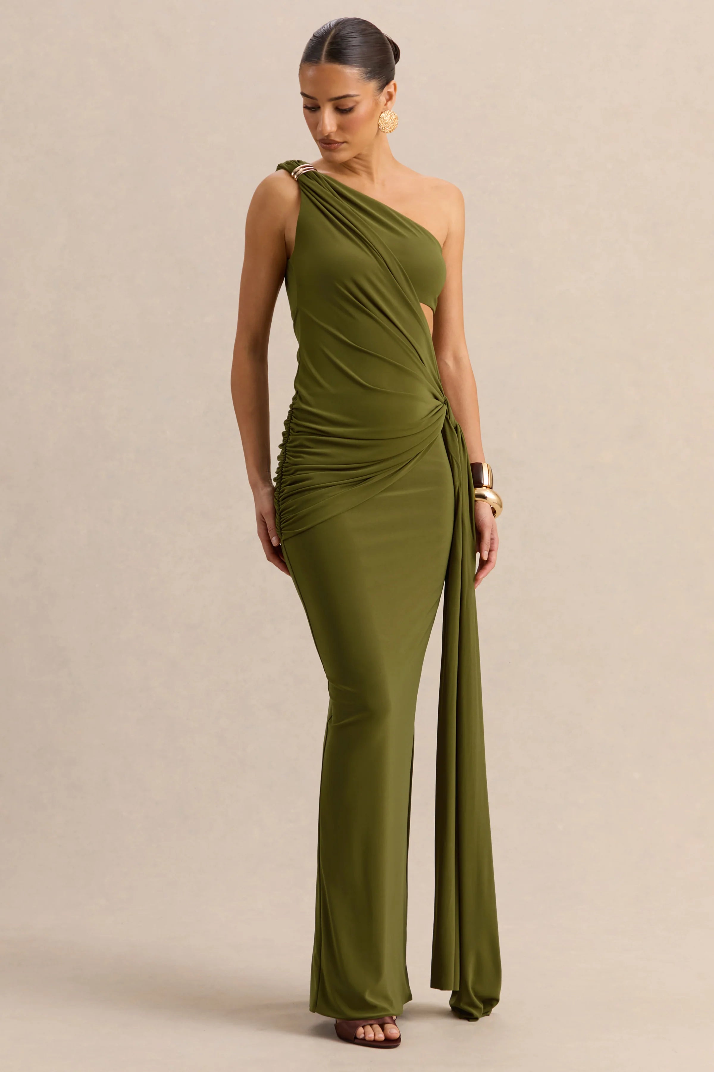Clarosia Green Asymmetric Neck Maxi Dress With Cut Out With Sash