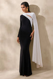 Dabria Black And White Asymmetric Neck Maxi Dress With Cape Sleeve