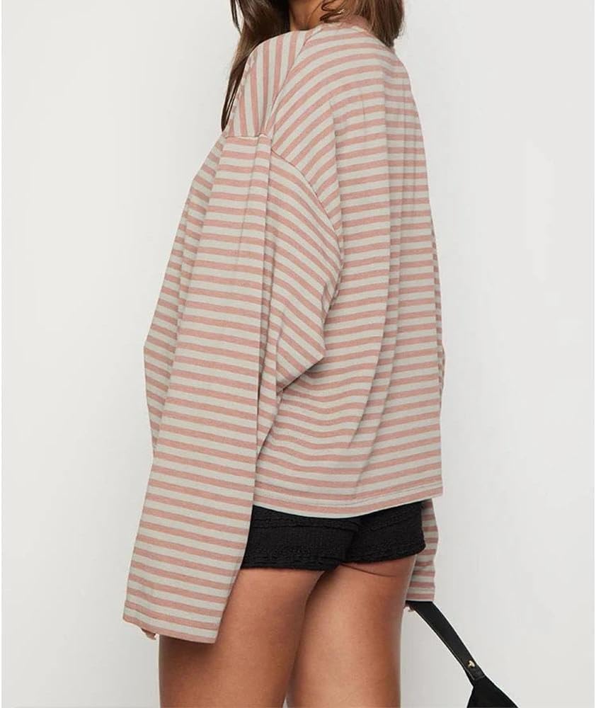Women Striped Long Sleeve Shirt Crewneck Cropped Pullover Top Fall Winter Vintage Sweatshirt Streetwear