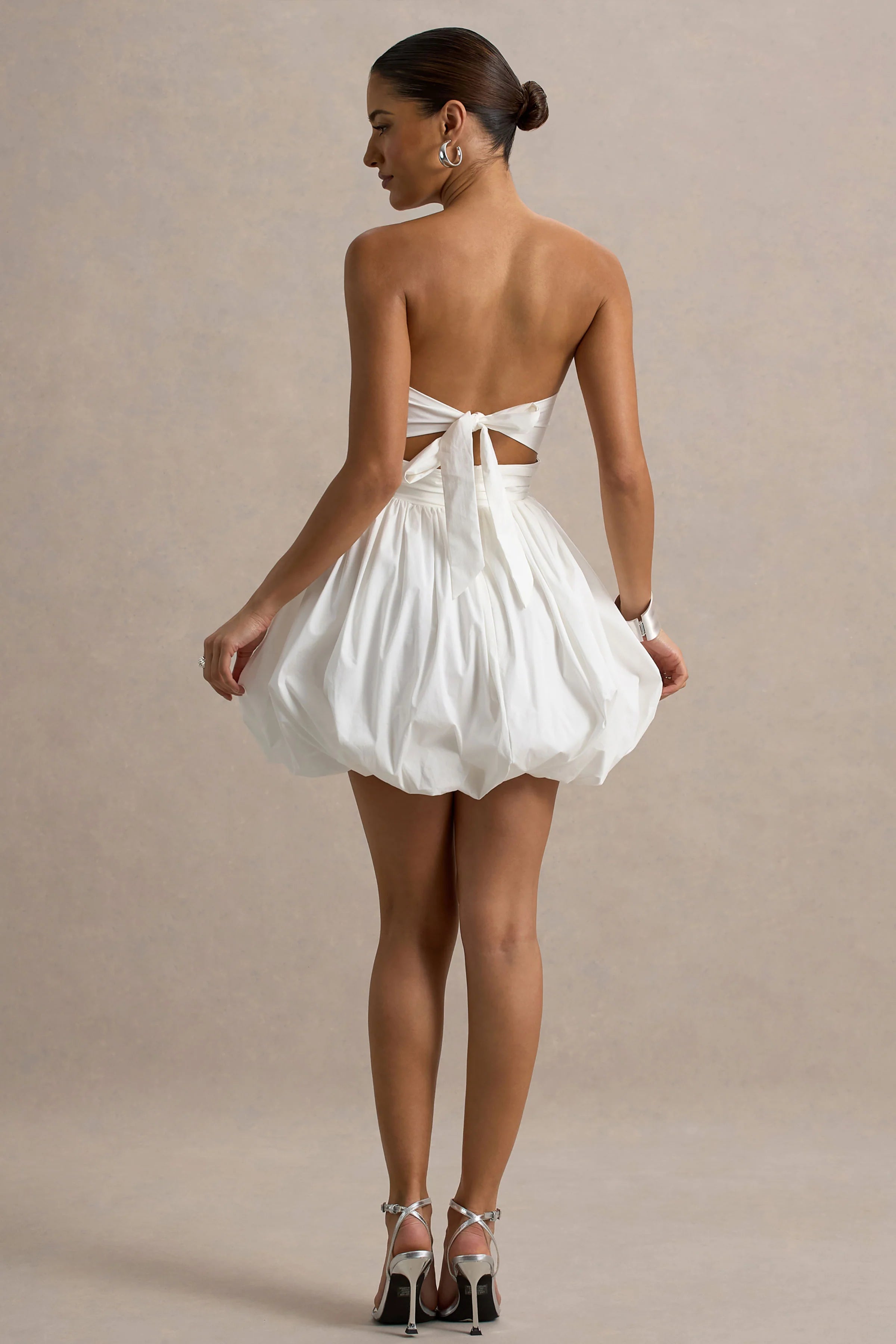 Faye White Puff Ball Bandeau Micro Mini Dress With Ruching Details