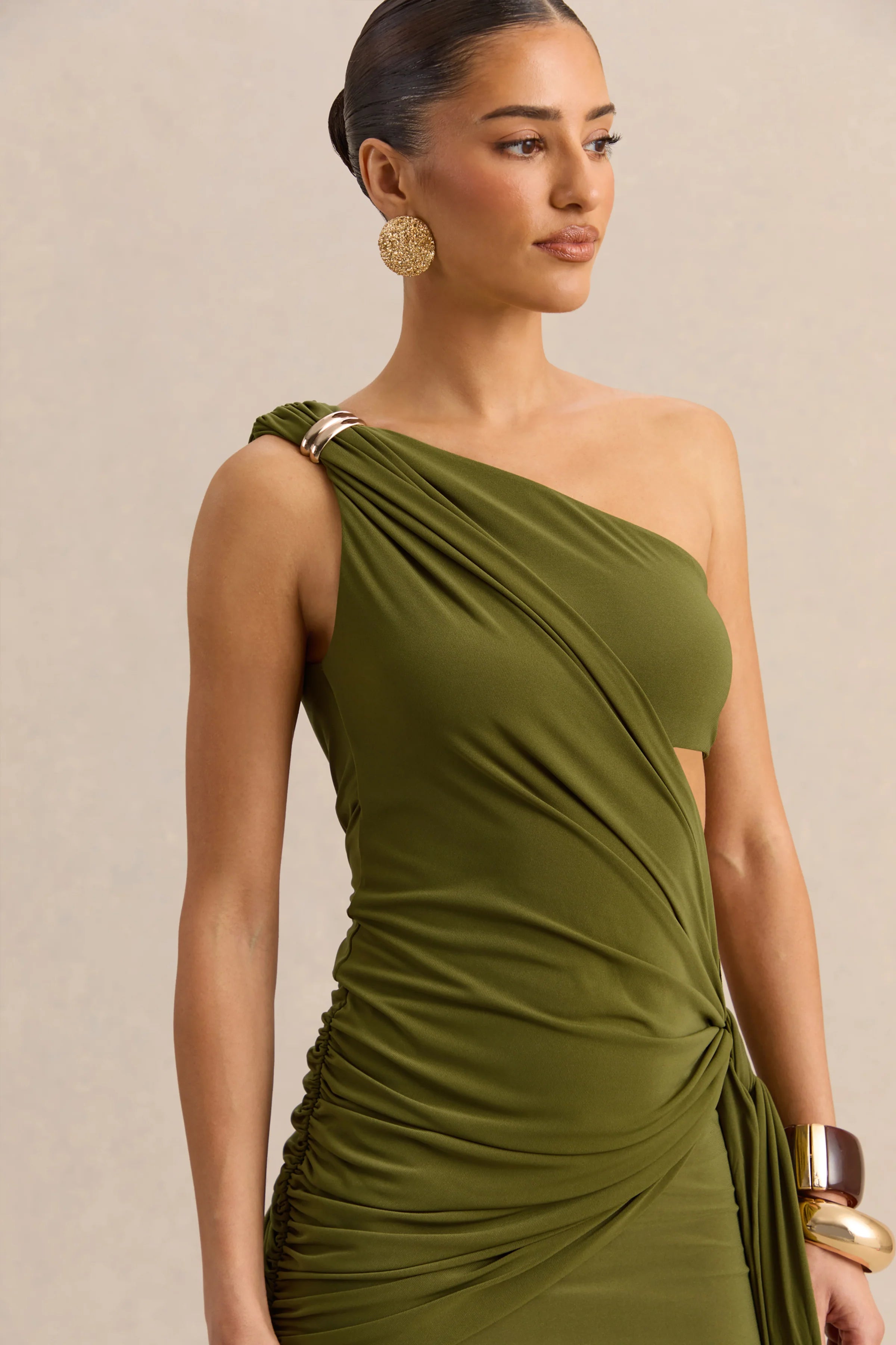Clarosia Green Asymmetric Neck Maxi Dress With Cut Out With Sash
