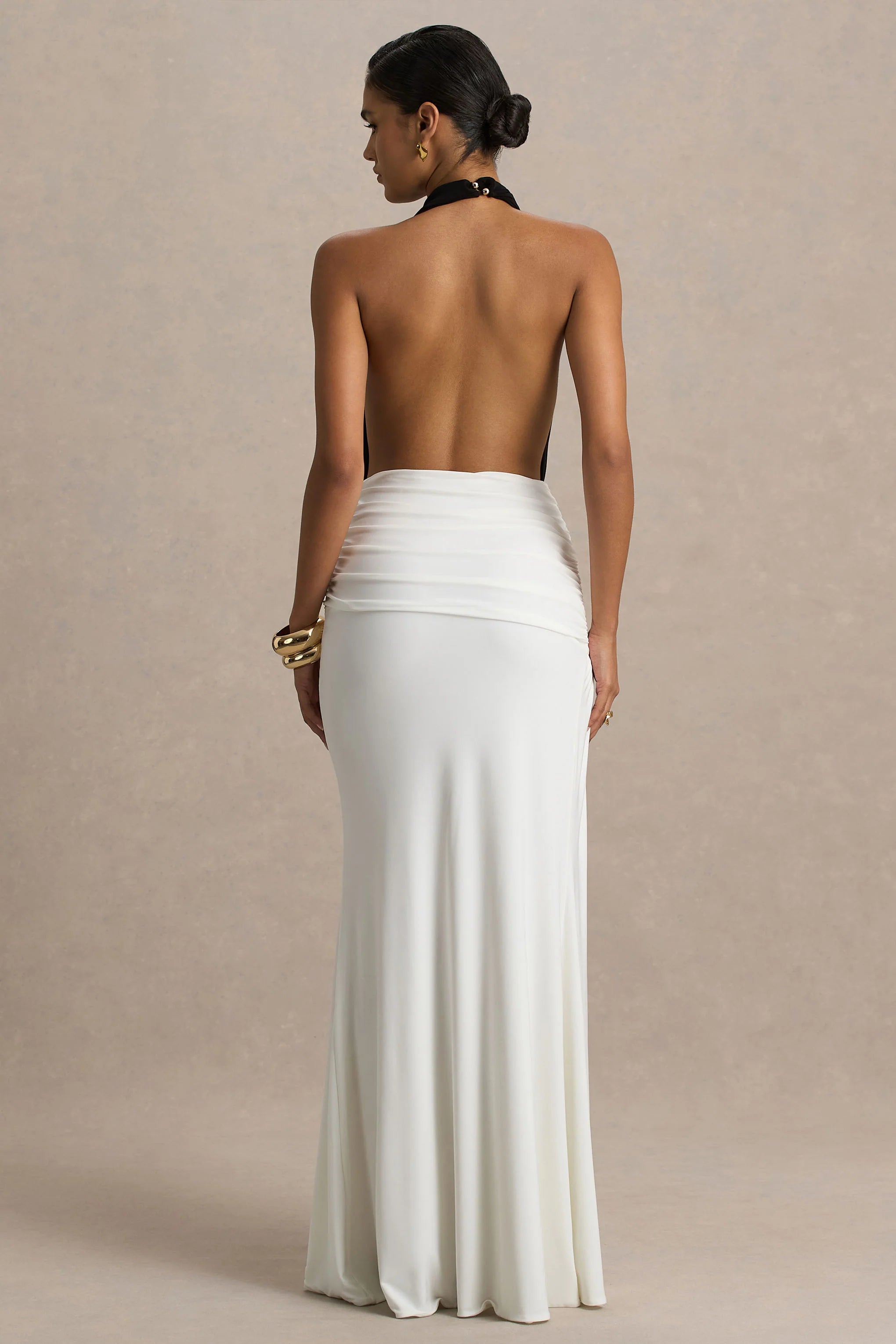 Tilly Black And White Extreme Plunge Neck Maxi Dress With Wrap And Ruched Details