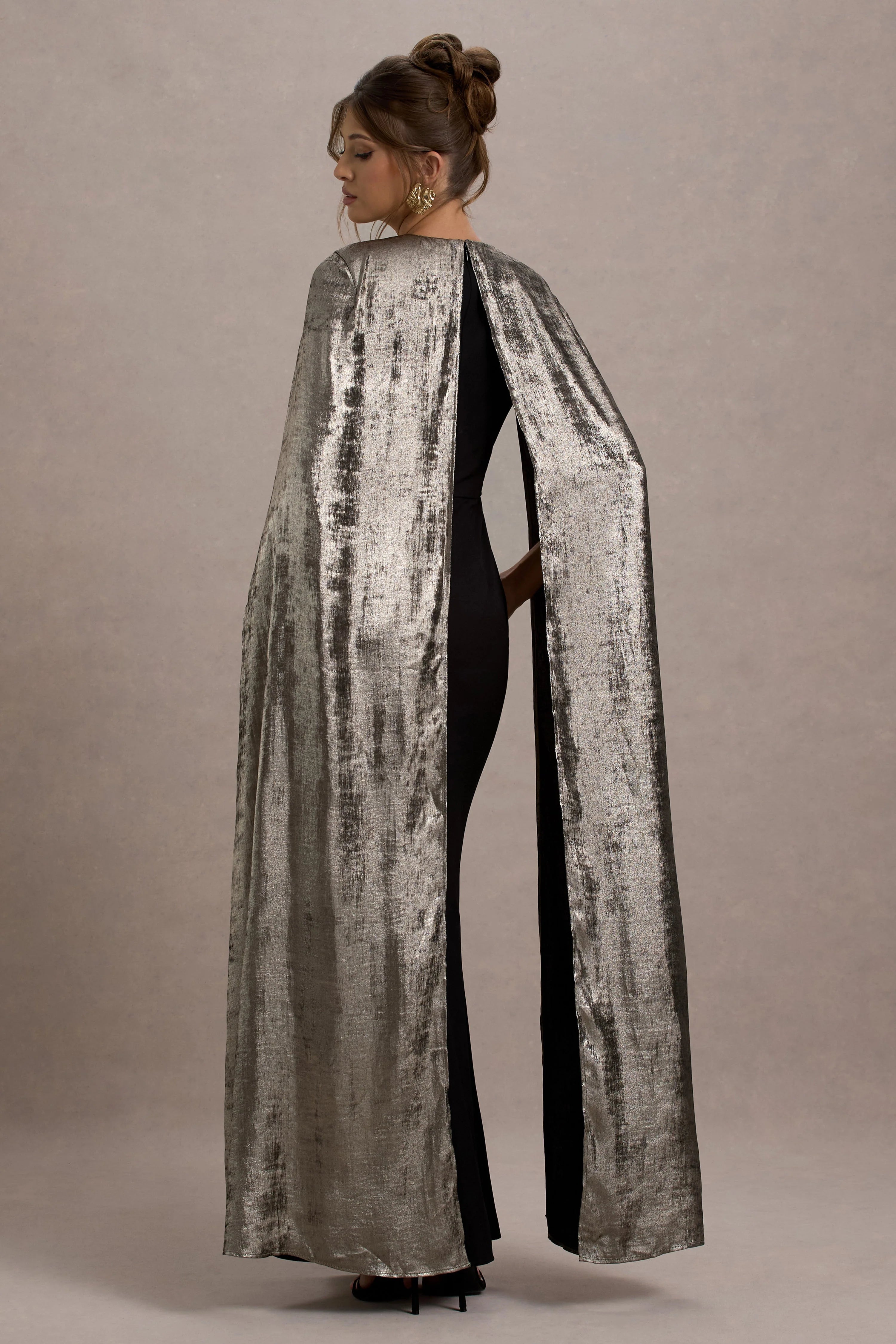 Ilenia Black V Neck Maxi Dress With Metallic Cape