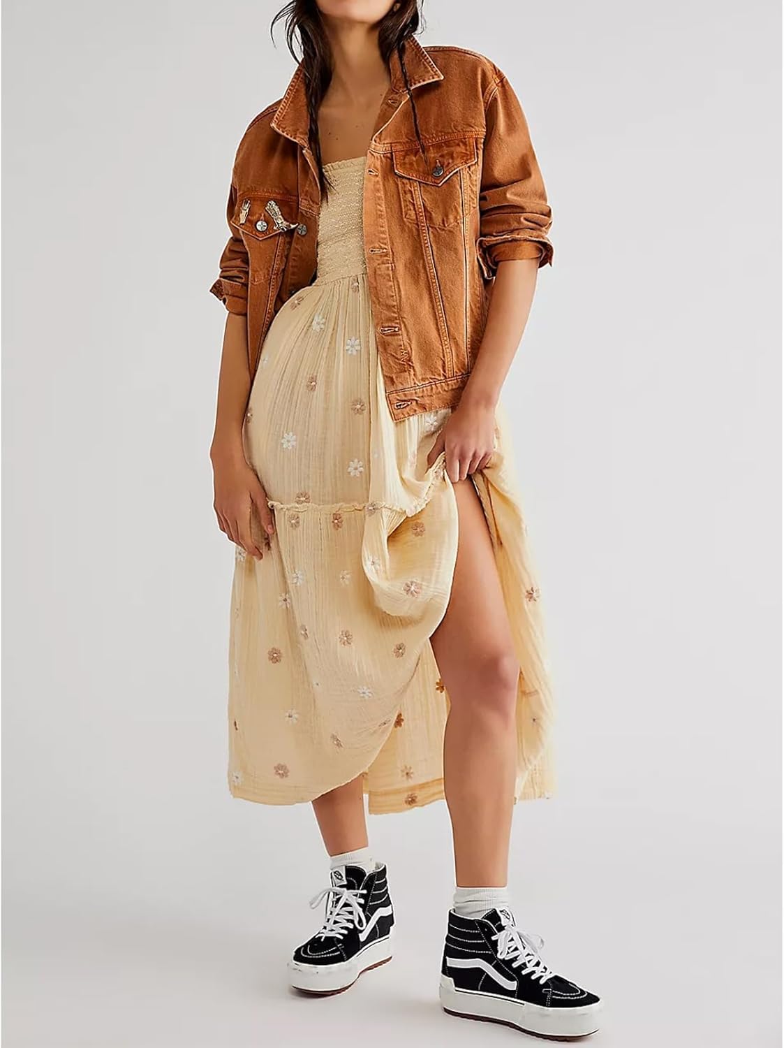 Women Floral Embroidered Maxi Dress Long Puff Sleeve Square Neck Bohemian Flowy Dress with Pockets Summer Fall