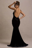 Adele Black Velvet Ruched Strappy Fishtail Maxi Dress