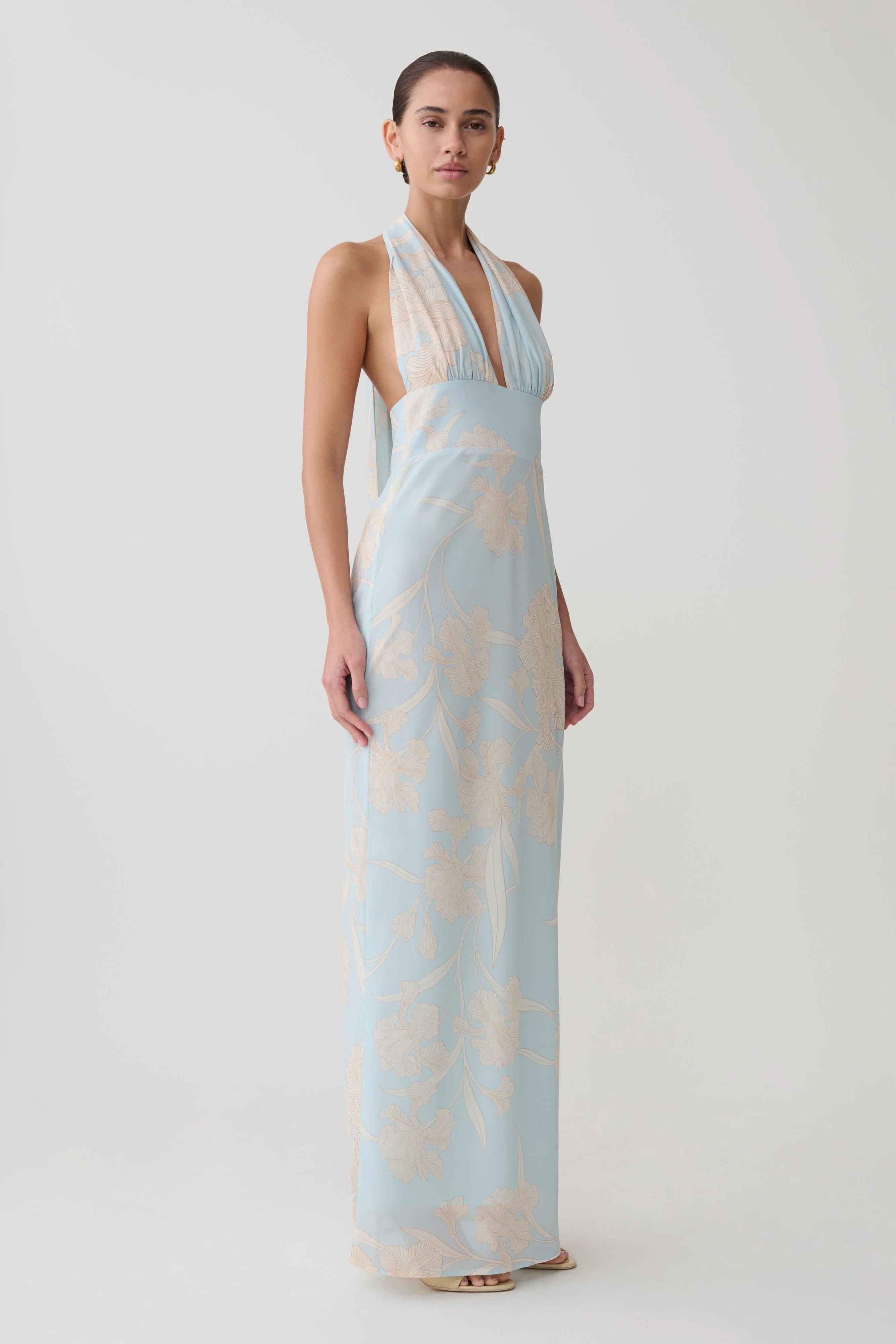 Nadine Halter Scarf Chiffon Maxi Dress Blue Floral Print