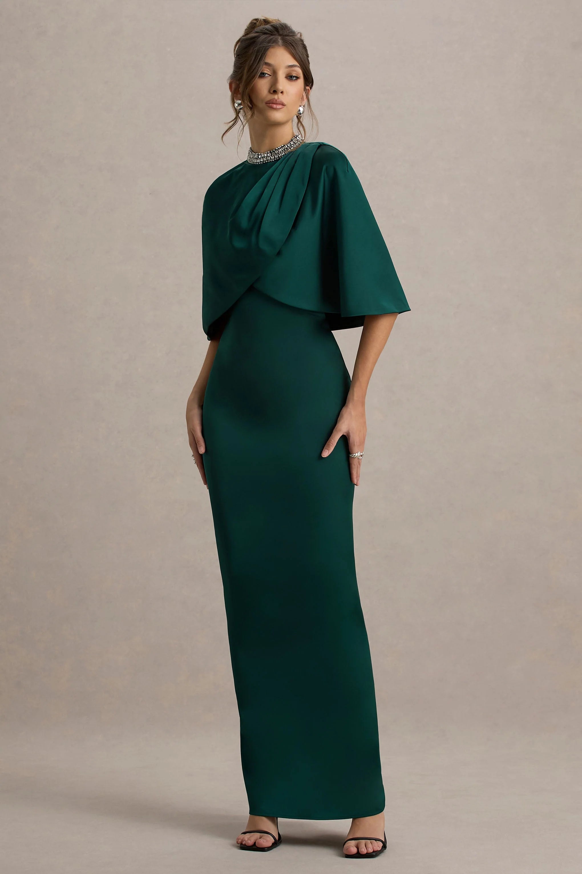 Diletta Bottle Green Cape Maxi Dress