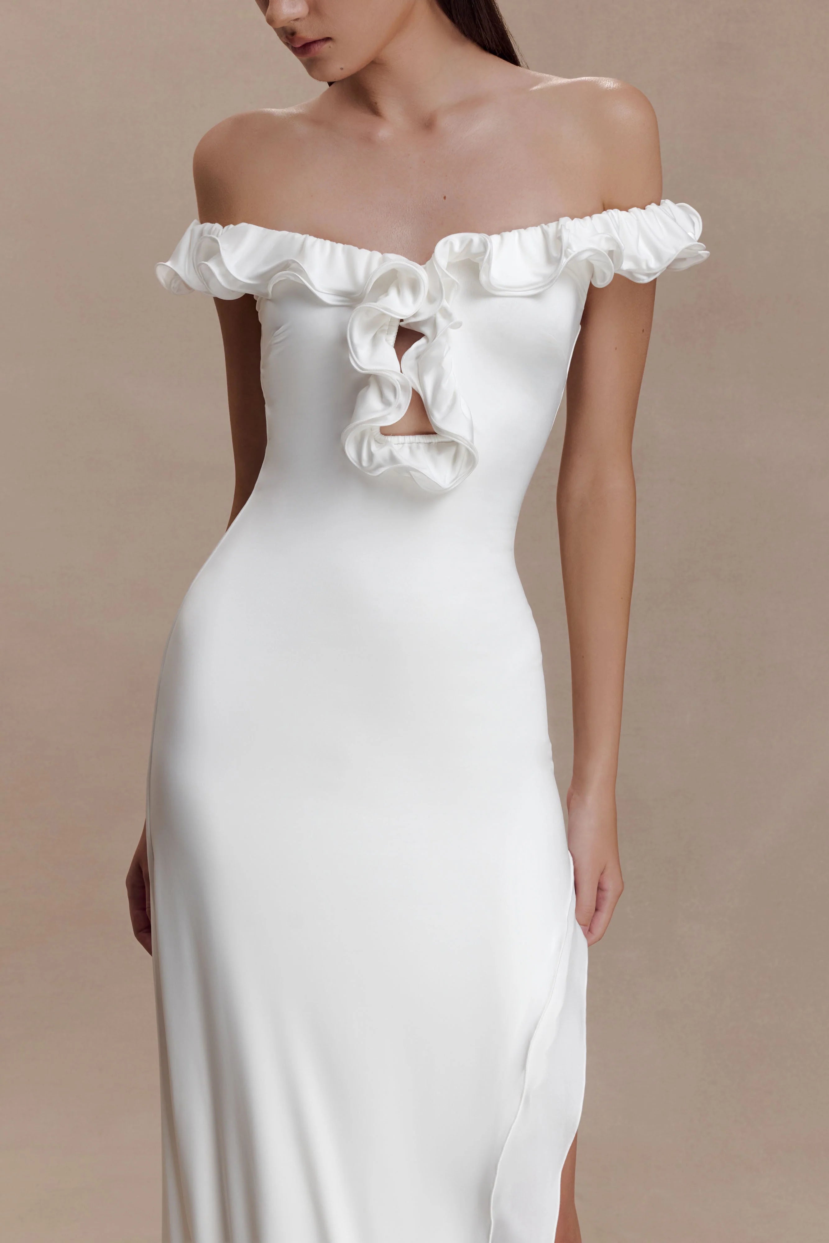 Allegra Off Shoulder Ruffle Midi Dress Ivory