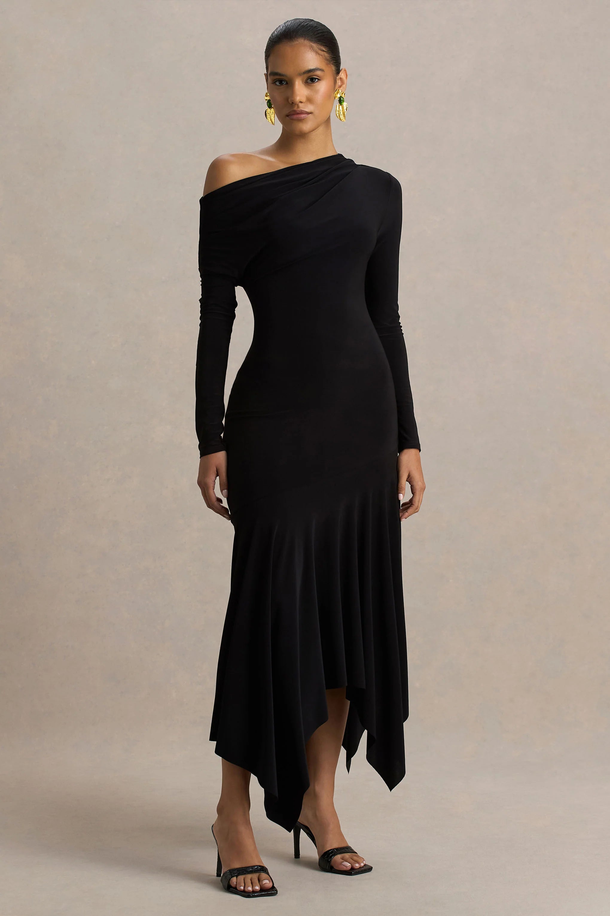 Isola Black Asymmetric Neck Midi Dress With Hanky Hem