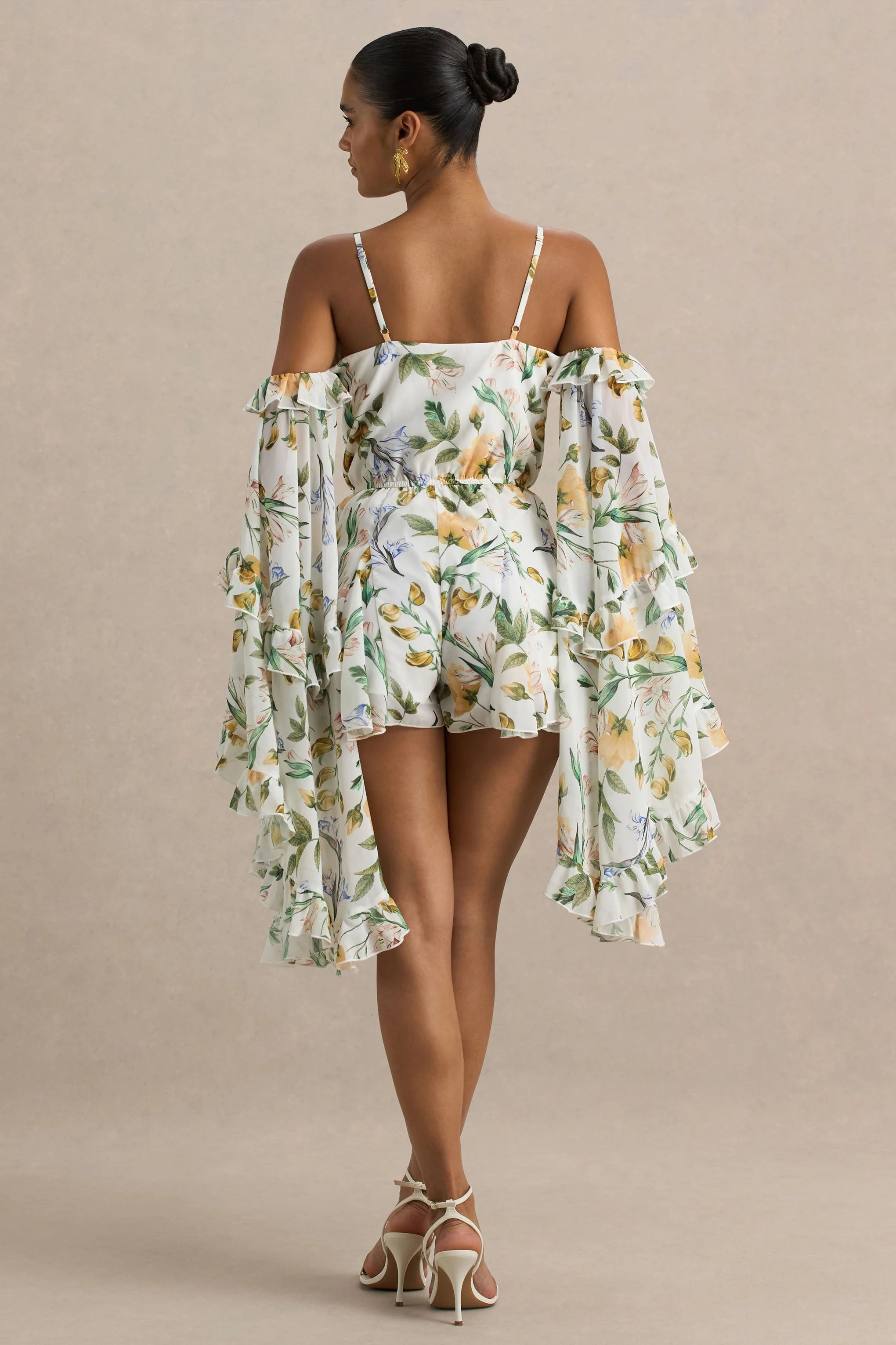 Anaya Lemon Floral Print Chiffon Playsuit With Long Sleeves