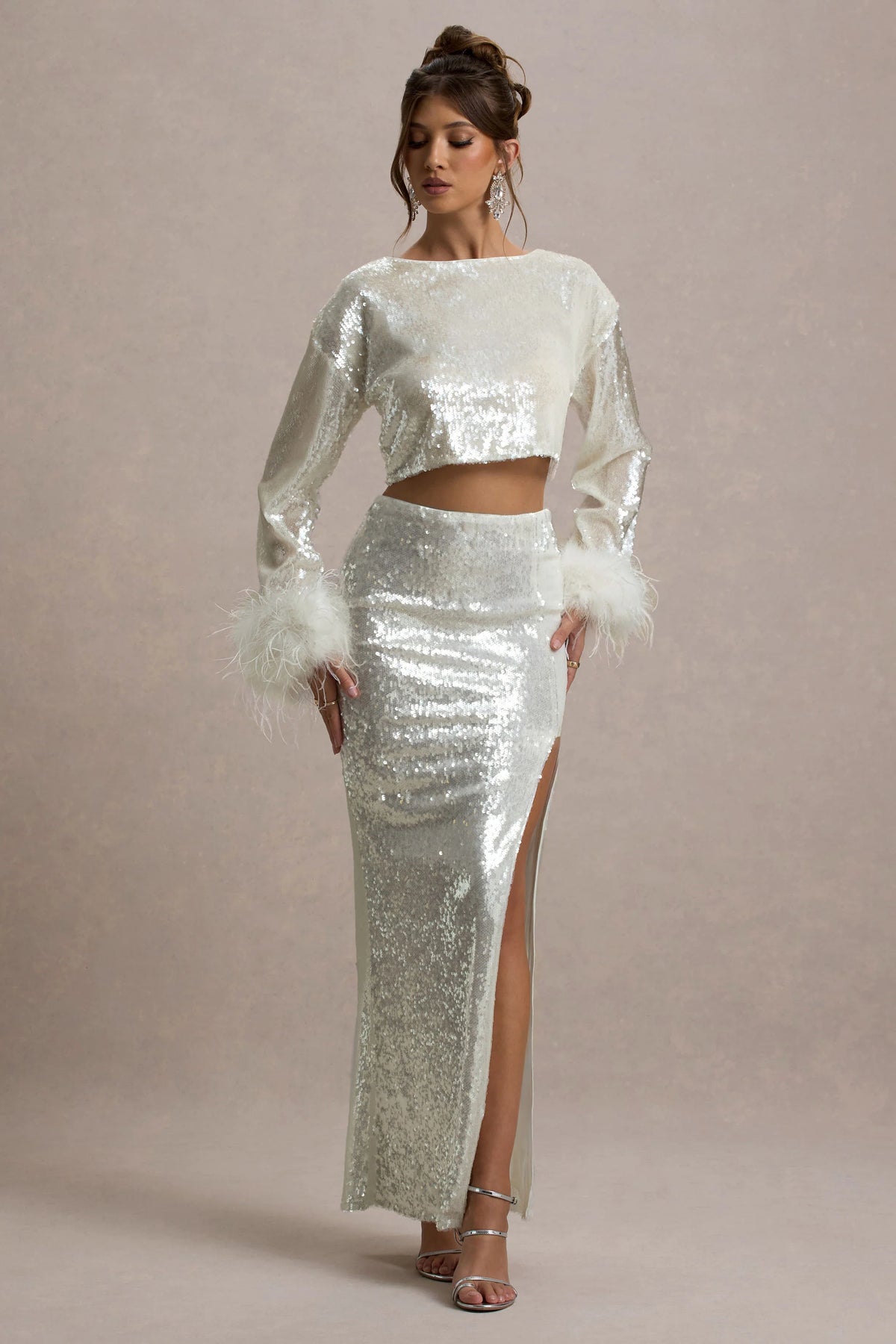 Raia Sand Sequin Split Maxi Skirt