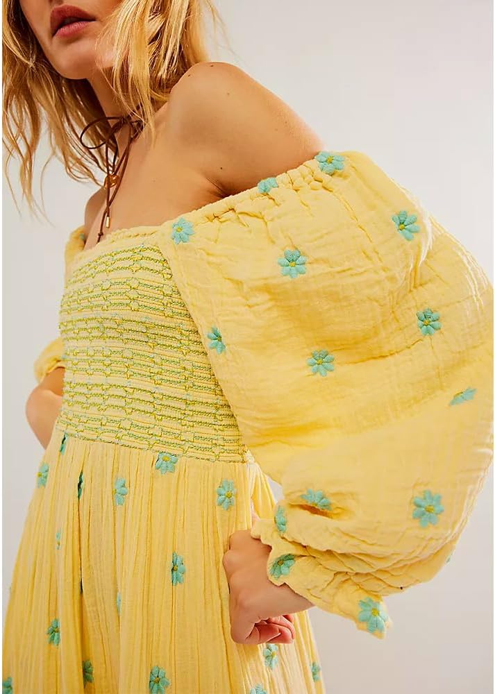 Women Floral Embroidered Maxi Dress Long Puff Sleeve Square Neck Bohemian Flowy Dress with Pockets Summer Fall