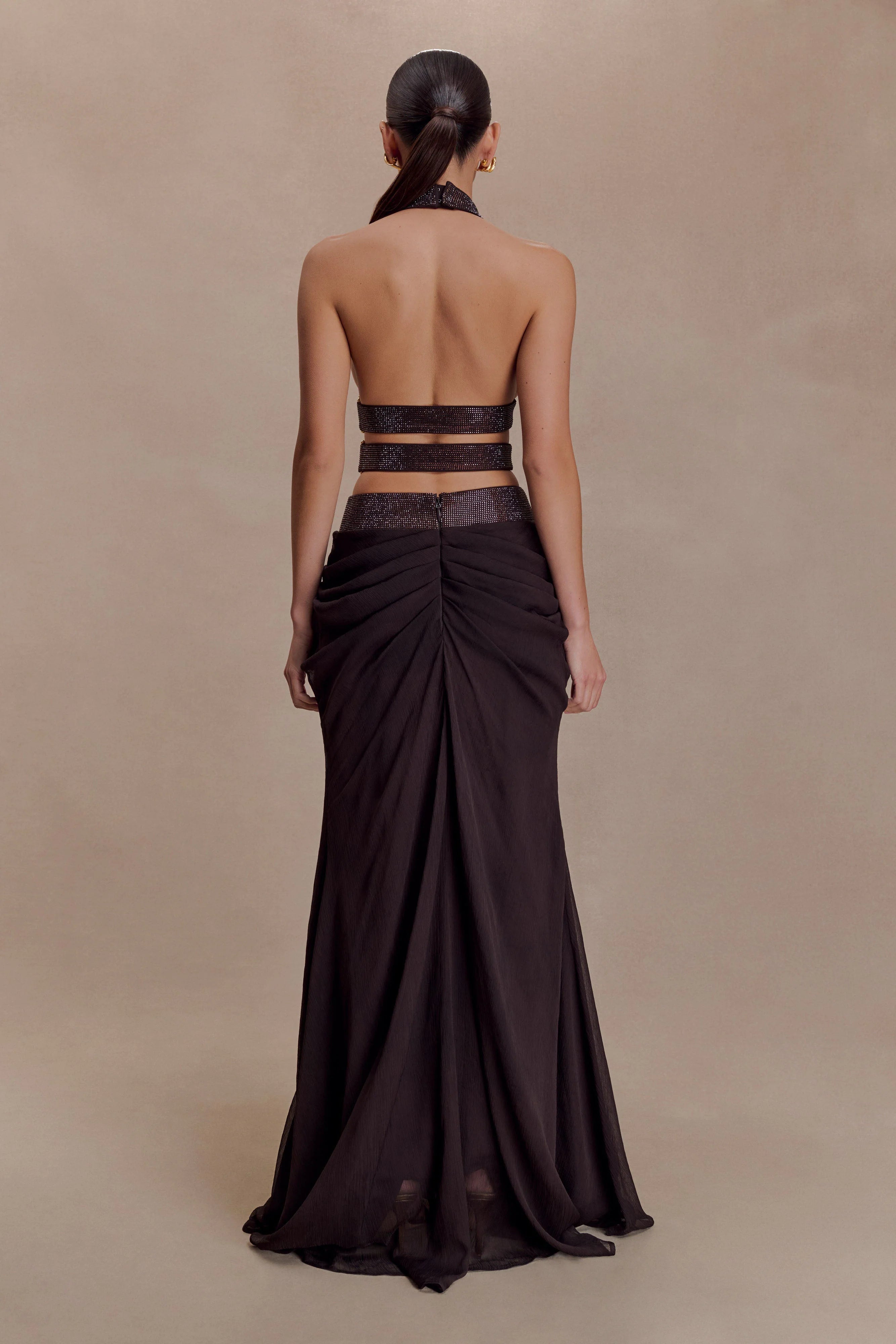 Siren Satin And Diamante Maxi Skirt Dark Chocolate