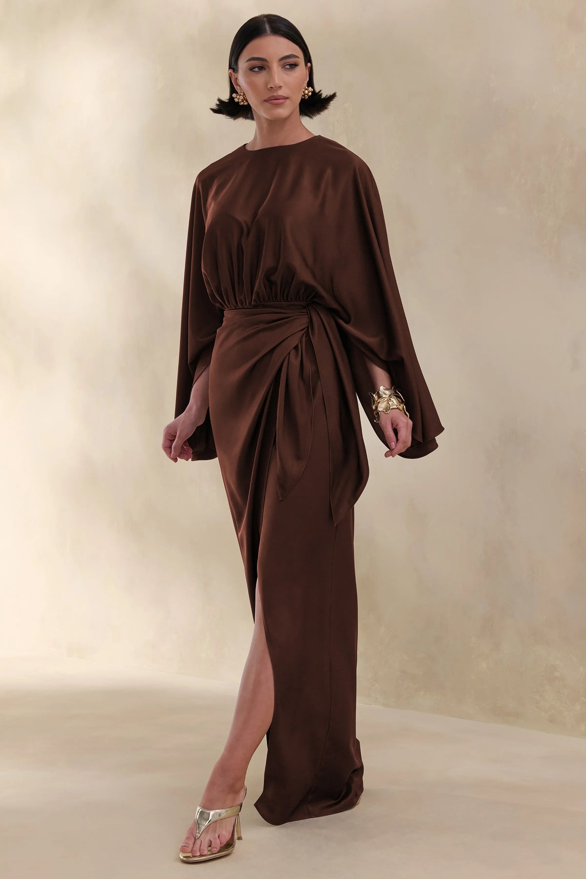 Delphina Brown Satin Maxi Dress With Gathered And Knot Detail
