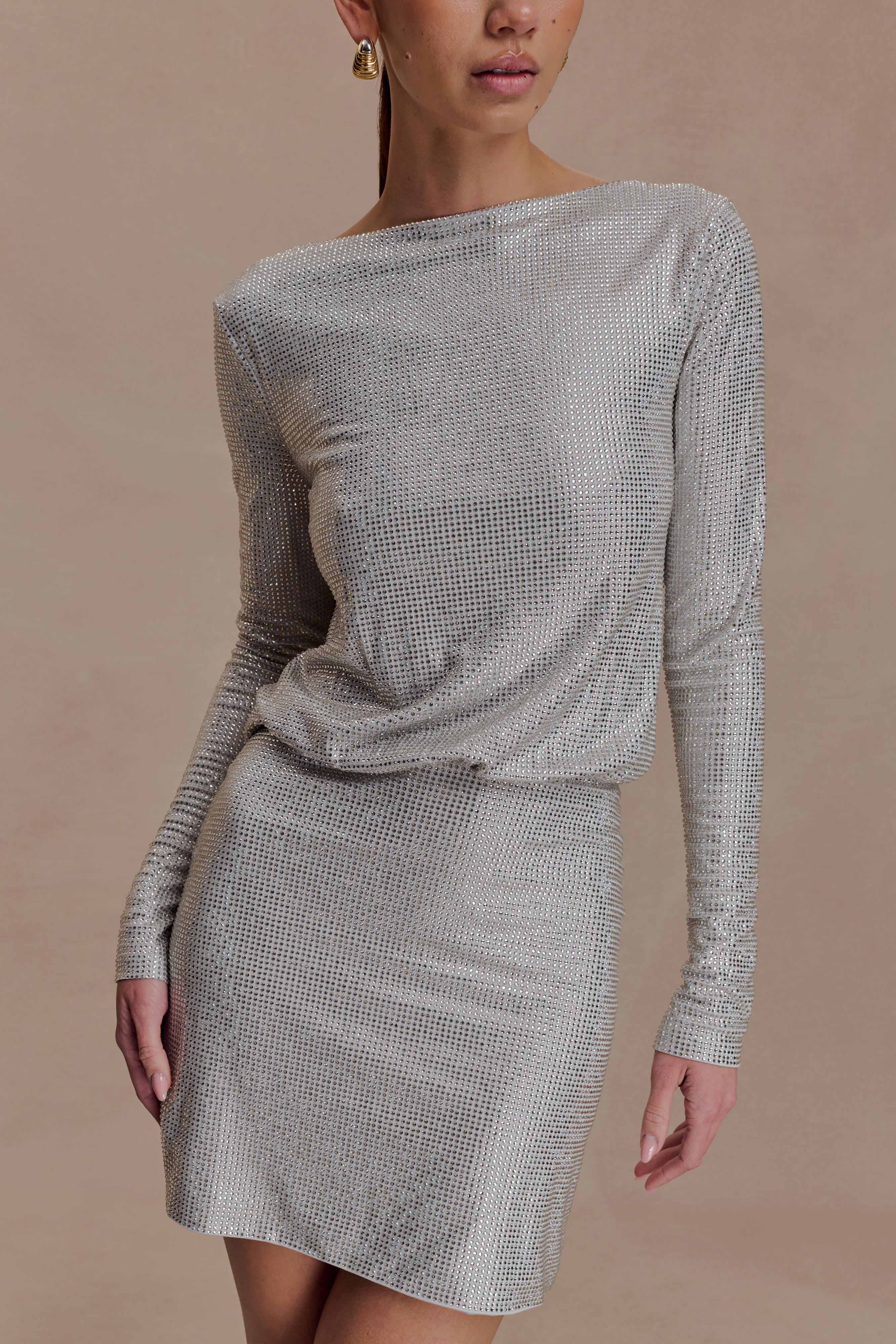 Darius Diamante Cowl Mini Dress Silver