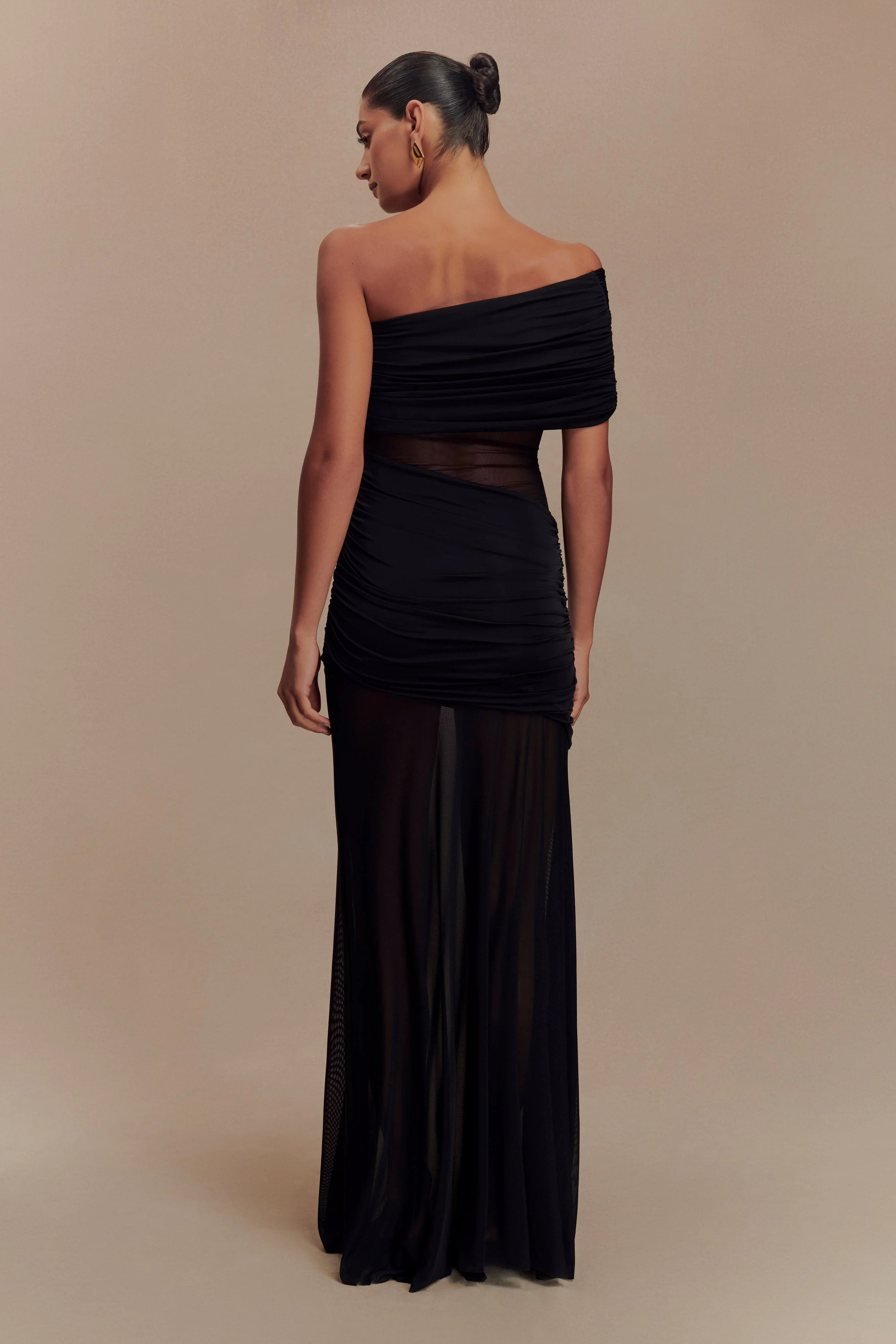 Dallas One Shoulder Mesh Maxi Dress Black