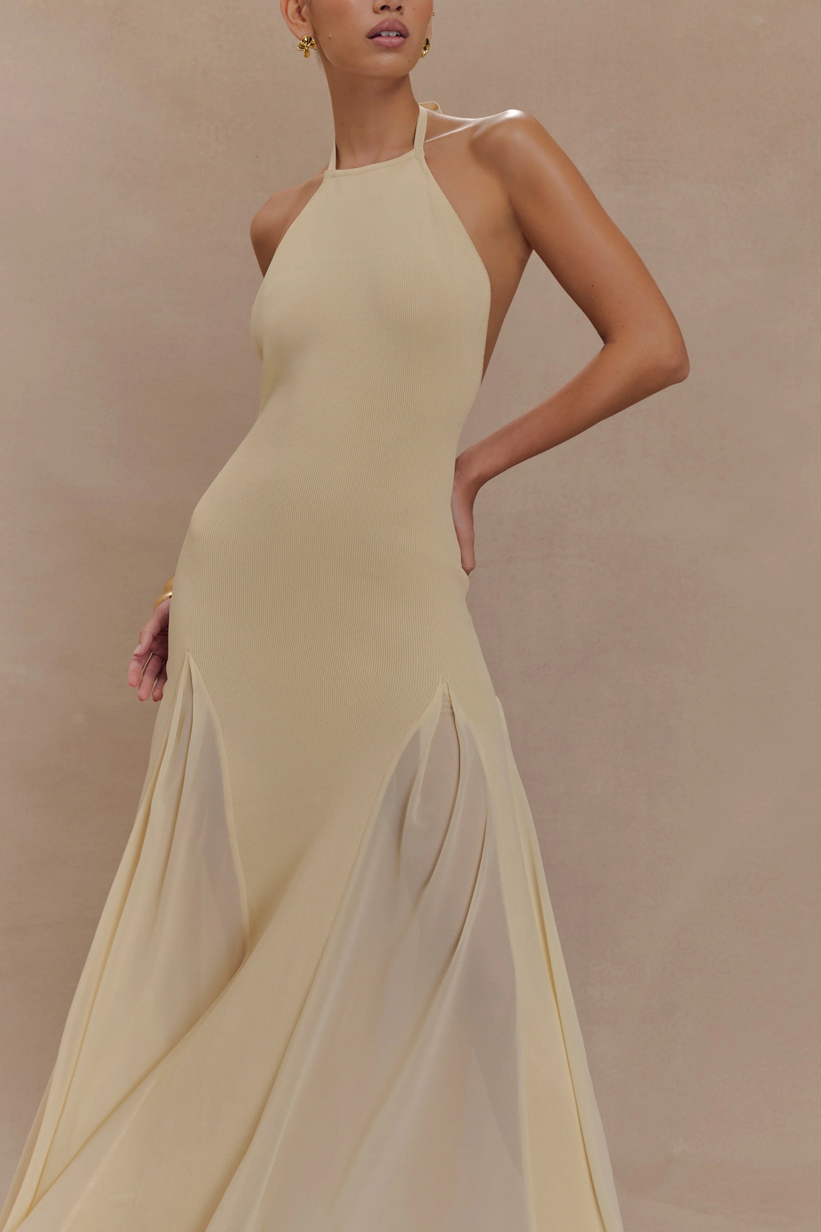 Soleil Knit And Mesh Halter Maxi Dress Cream