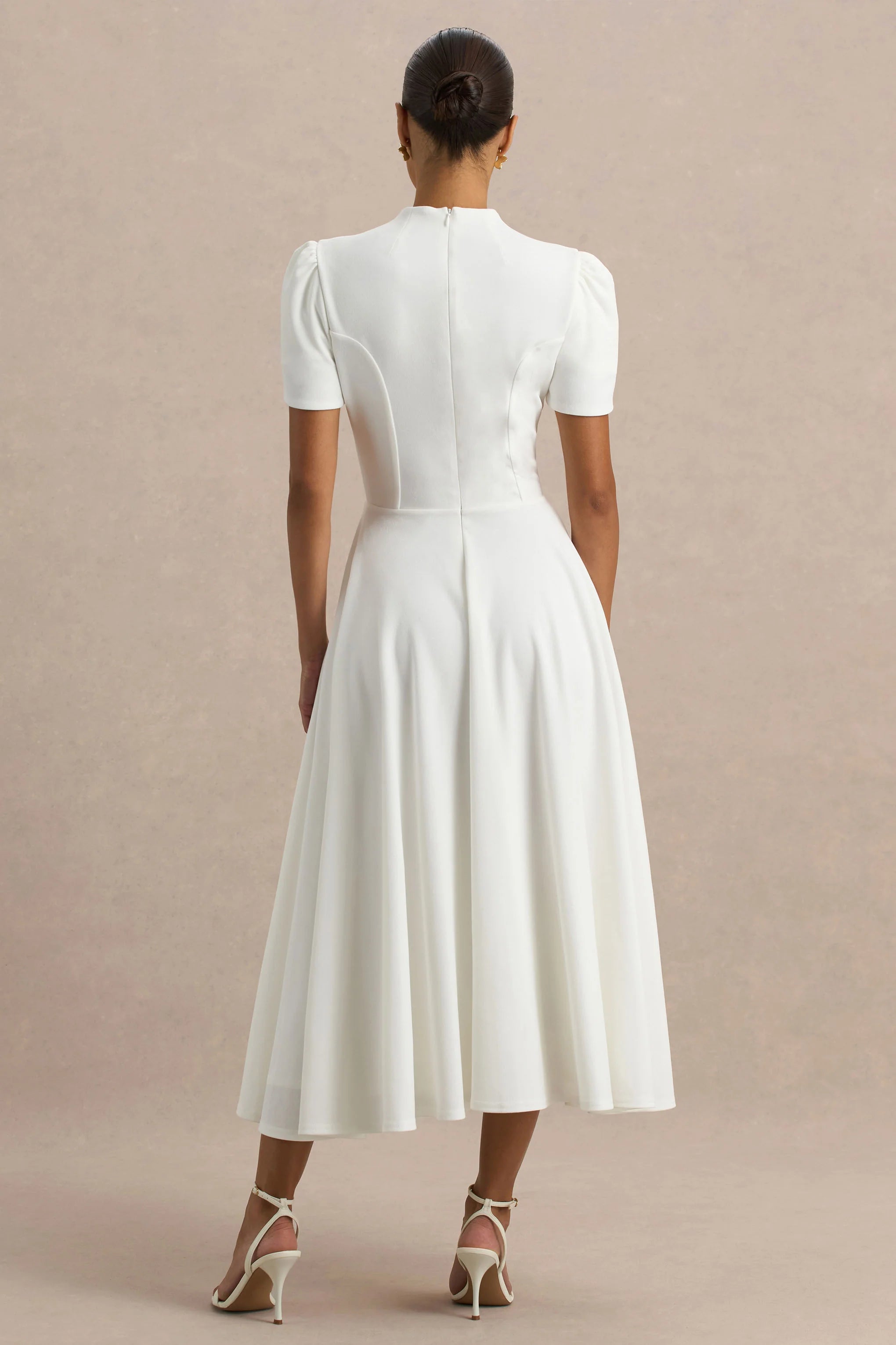 Vicky White High Neck Midi Dress With Puff Sleeves