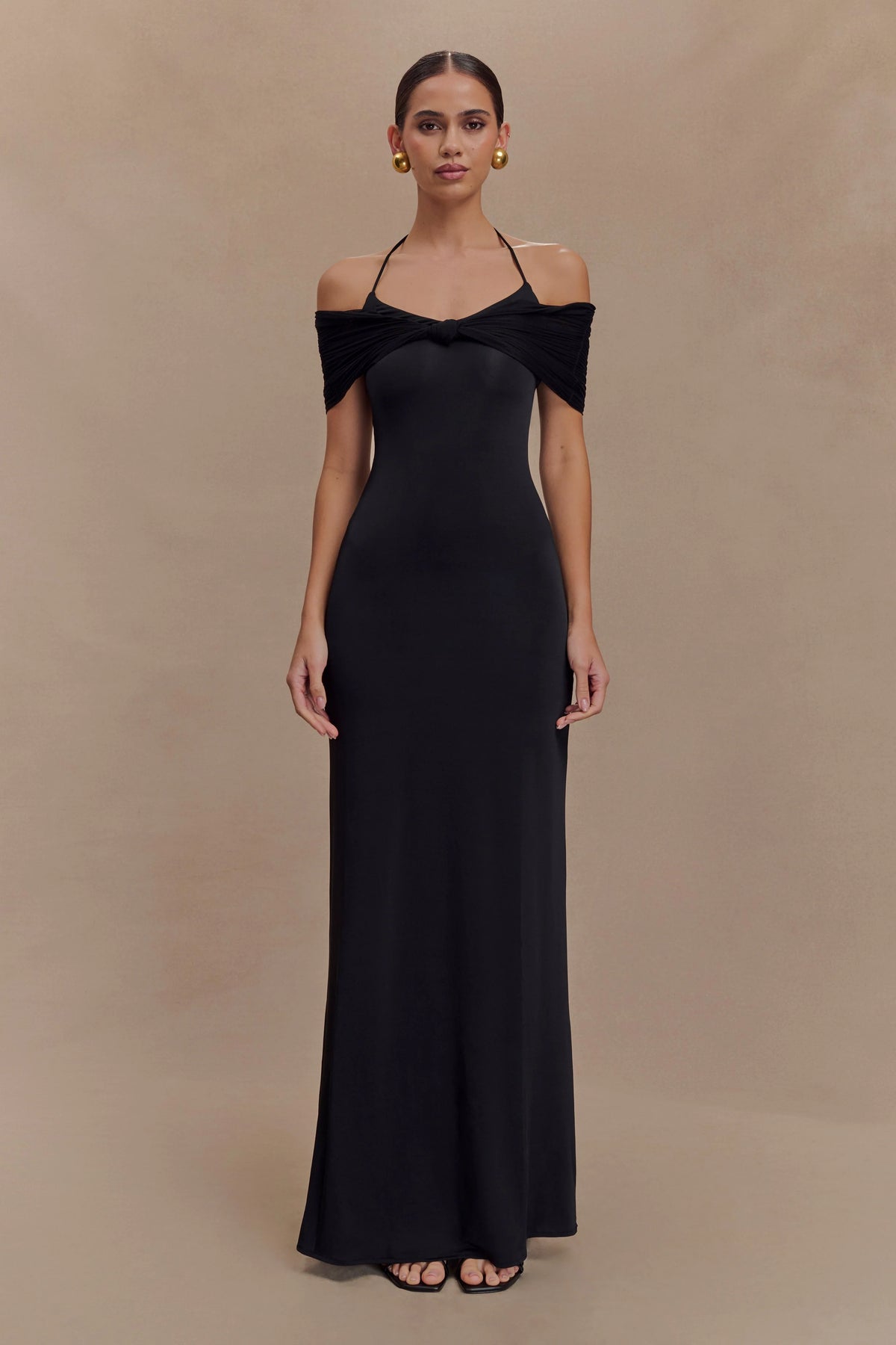 Bernadina Mesh And Slinky Halter Maxi Dress Black