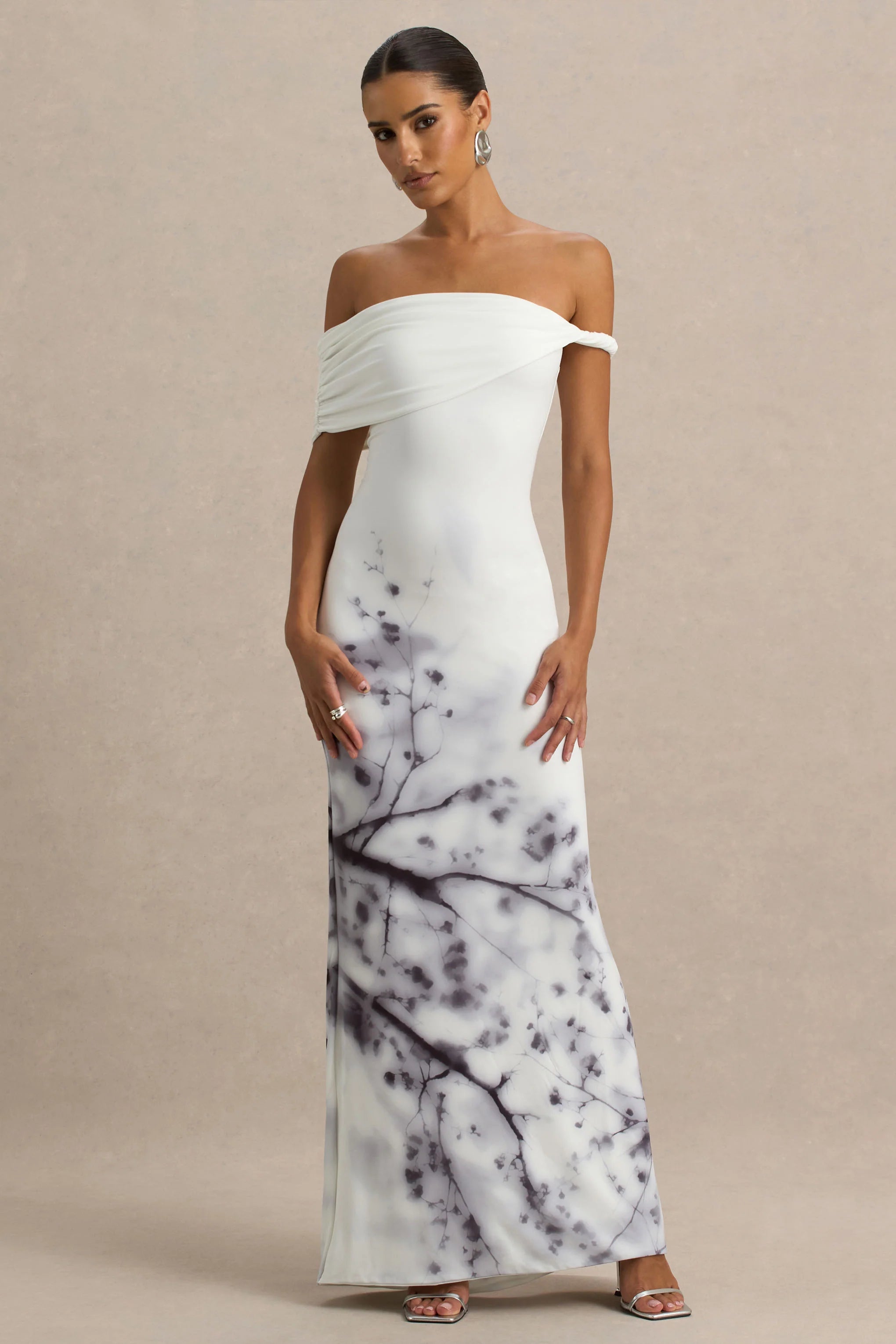 Sachi White Print Twisted Bardot Maxi Dress
