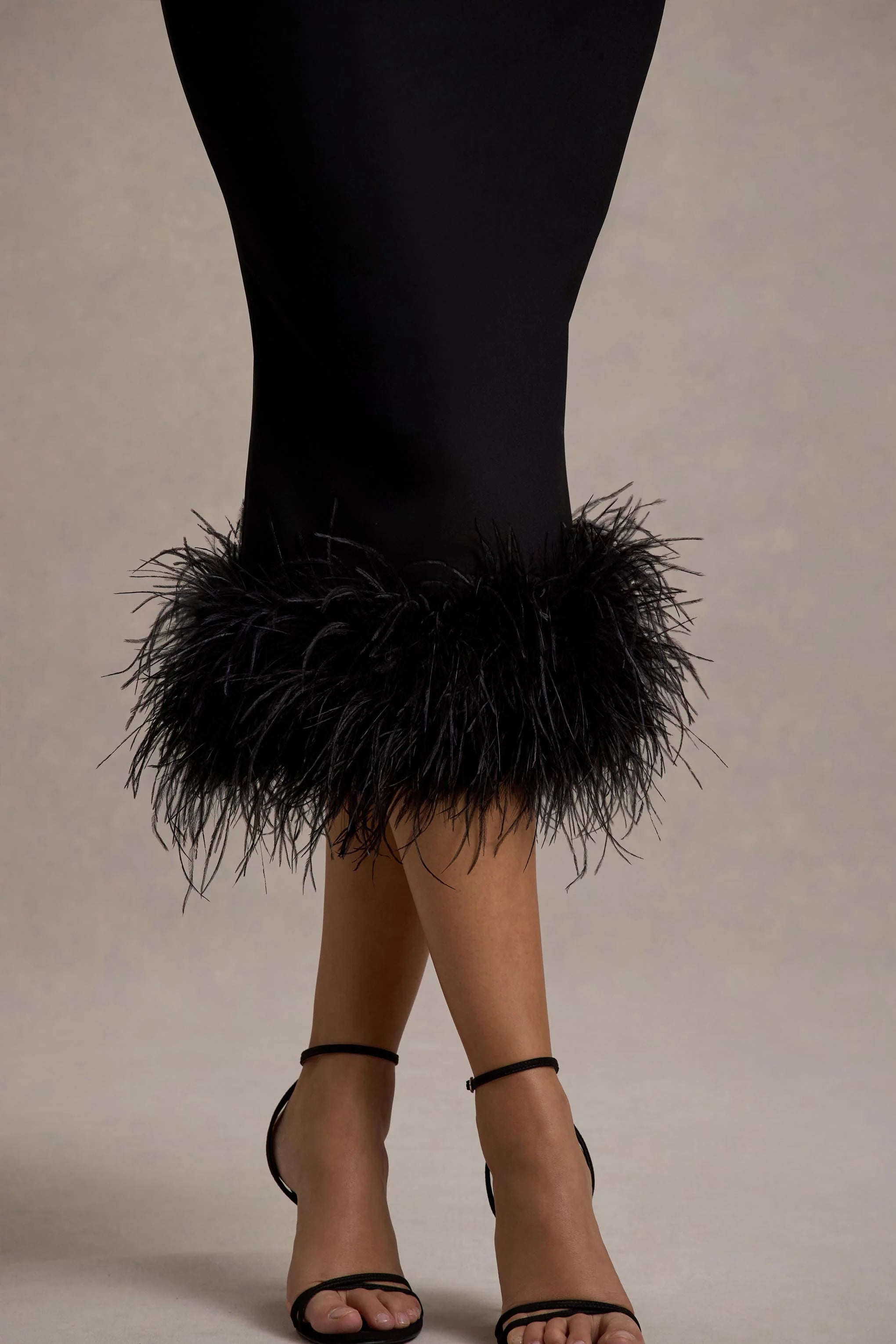 Titania Black Twist Neck Feather Hem Midi Dress