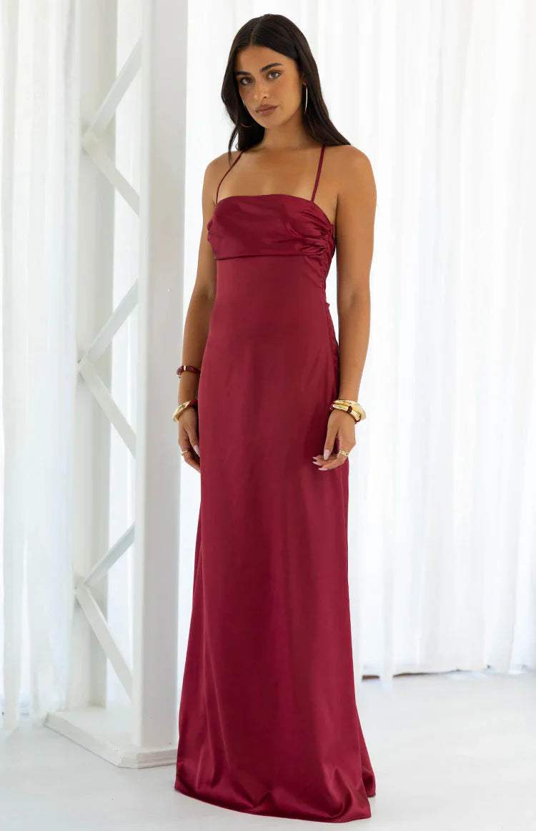 Blaise Burgundy Satin Maxi Dress