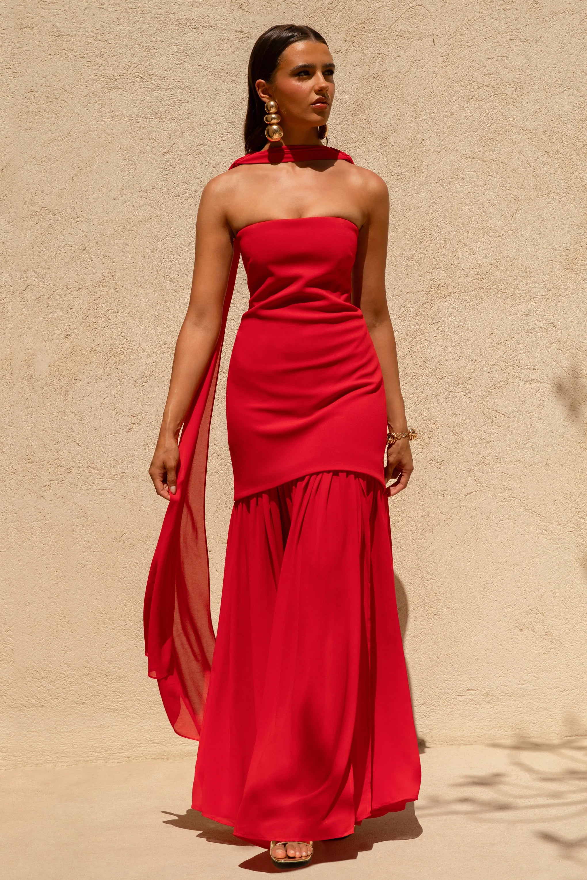 Kylie Red High Neck Maxi Dress With Chiffon Skirt