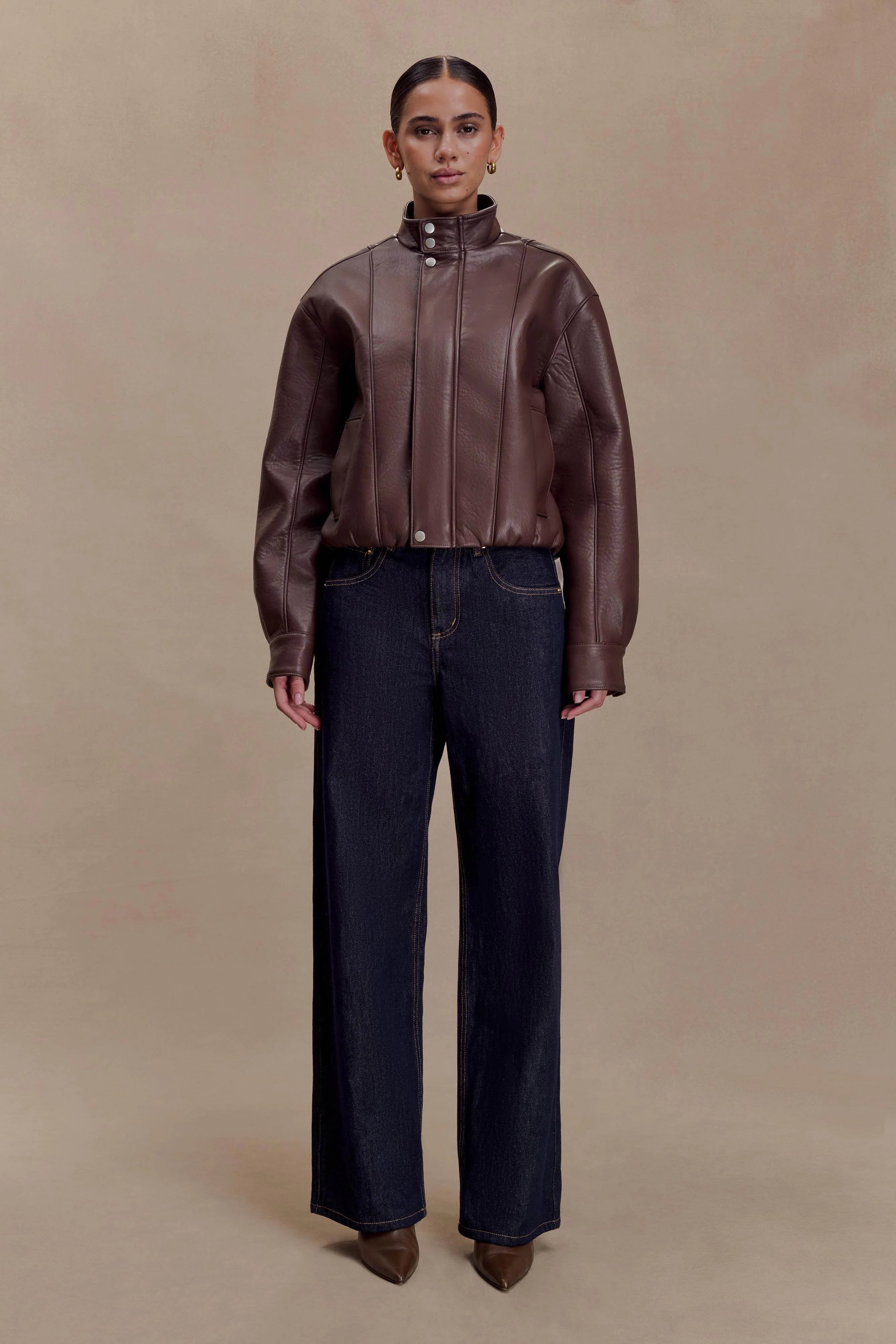 Curtis Faux Leather Bomber Jacket Dark Chocolate