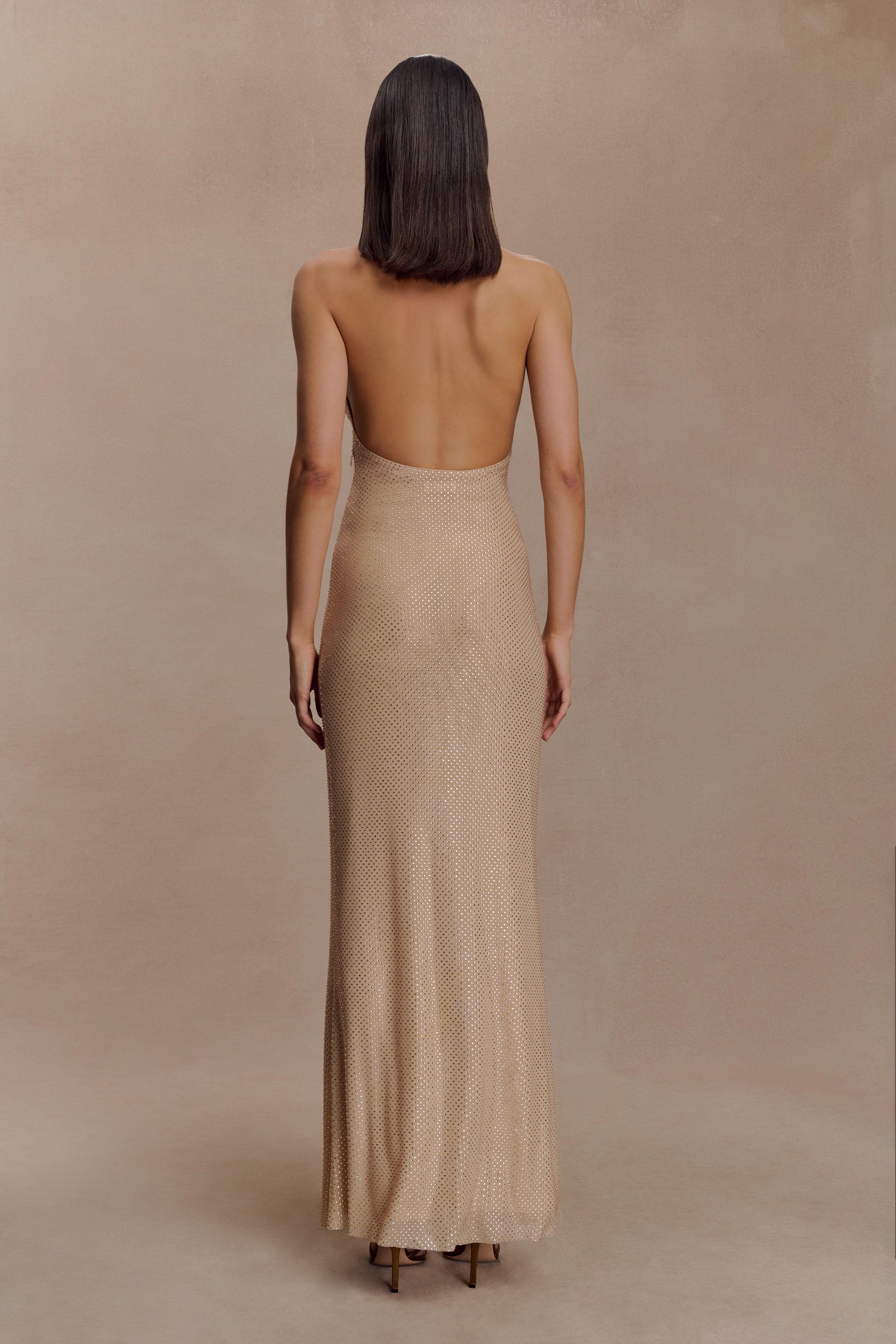 Harriet Halter Neck Diamante Maxi Dress Sandy Gold