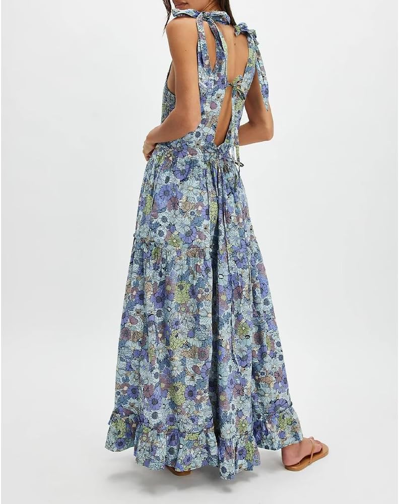 Women Floral Maxi Dress Tie Shoulder Cutout Backless Boho Smocked Flowy Dresses Summer Fall Sundress