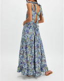 Women Floral Maxi Dress Tie Shoulder Cutout Backless Boho Smocked Flowy Dresses Summer Fall Sundress
