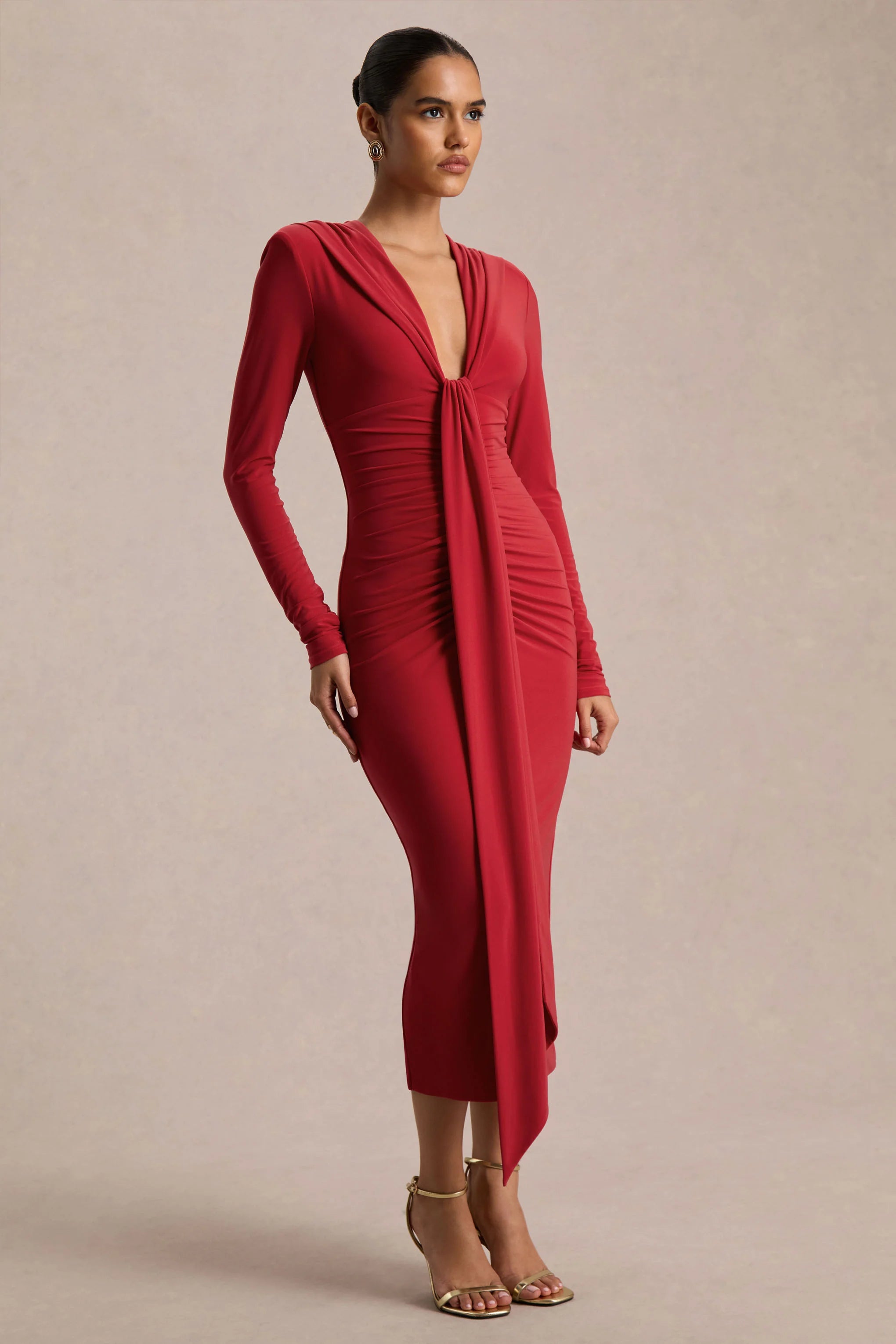 Ivara Red Plunge Neck Maxi Dress With Ruched Detailing And Sash