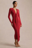 Ivara Red Plunge Neck Maxi Dress With Ruched Detailing And Sash