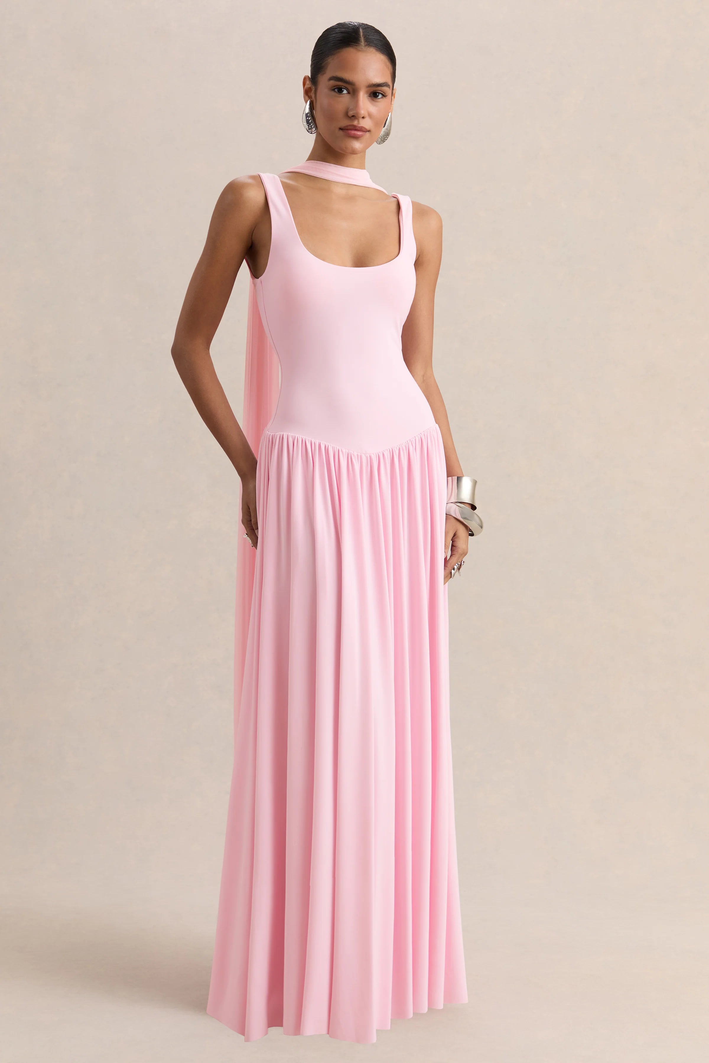 Aurina Pink Square Neck Maxi Dress With Scarf Detail