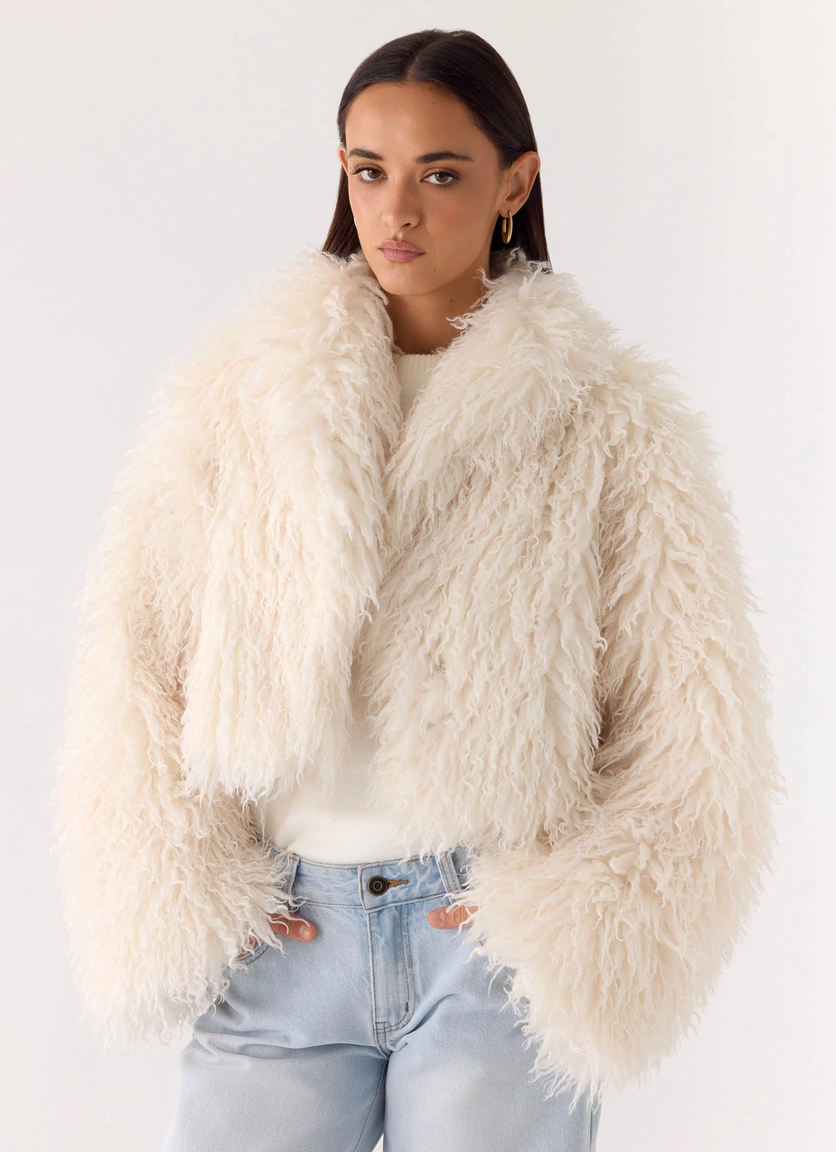 Virginia Cropped Faux Fur Jacket Ivory