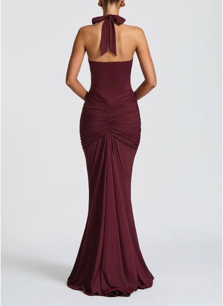 Women Deep V Neck Ruched Maxi Dress Sleeveless Halter Gown Cocktail Evening Formal Dresses