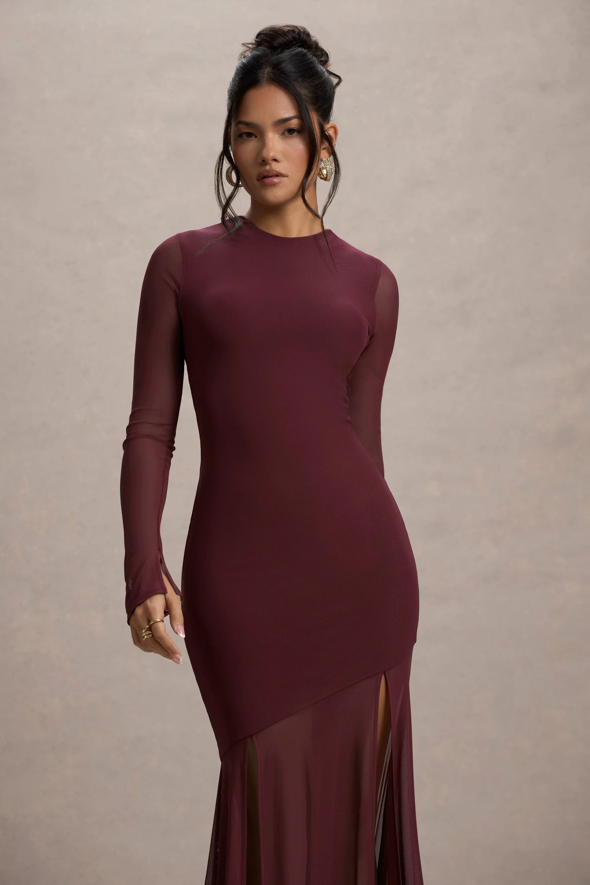 Tigerlily Port Mesh Long Sleeve Open Back Maxi Dress