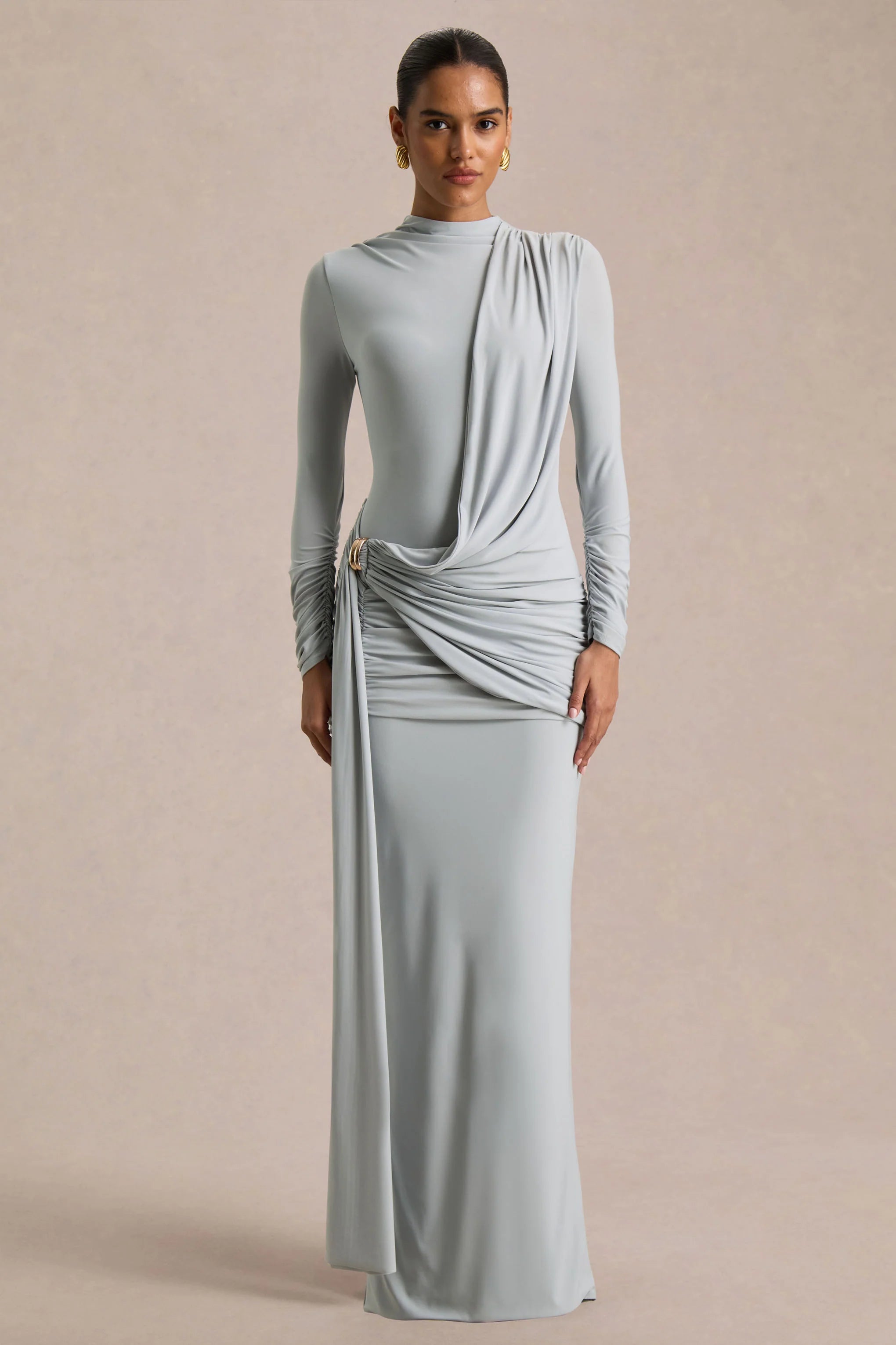 Melissa Blue Long Sleeve Wrap Maxi Dress With Draped Detailing