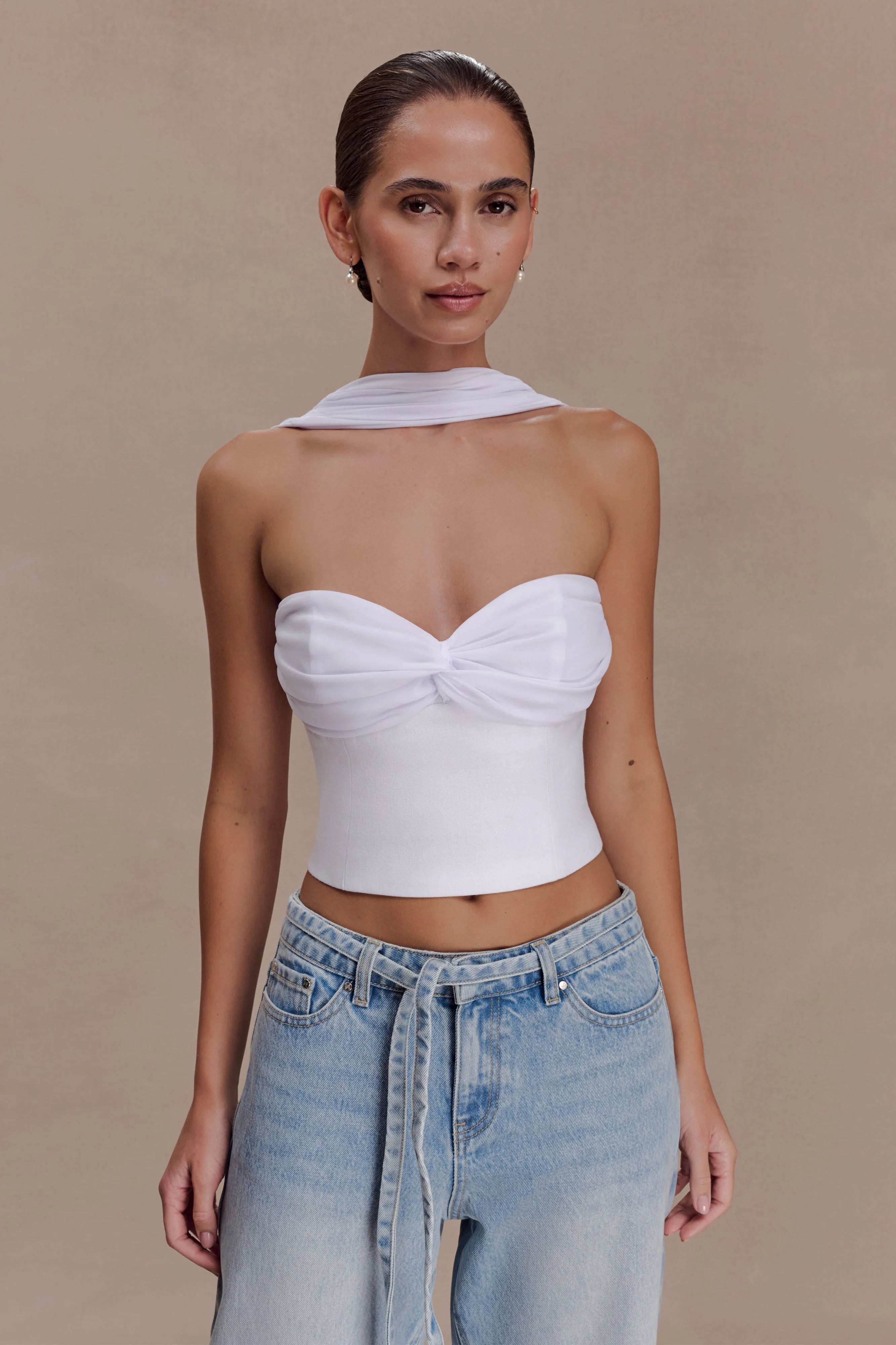 Talia Chiffon And Linen Halter Top White