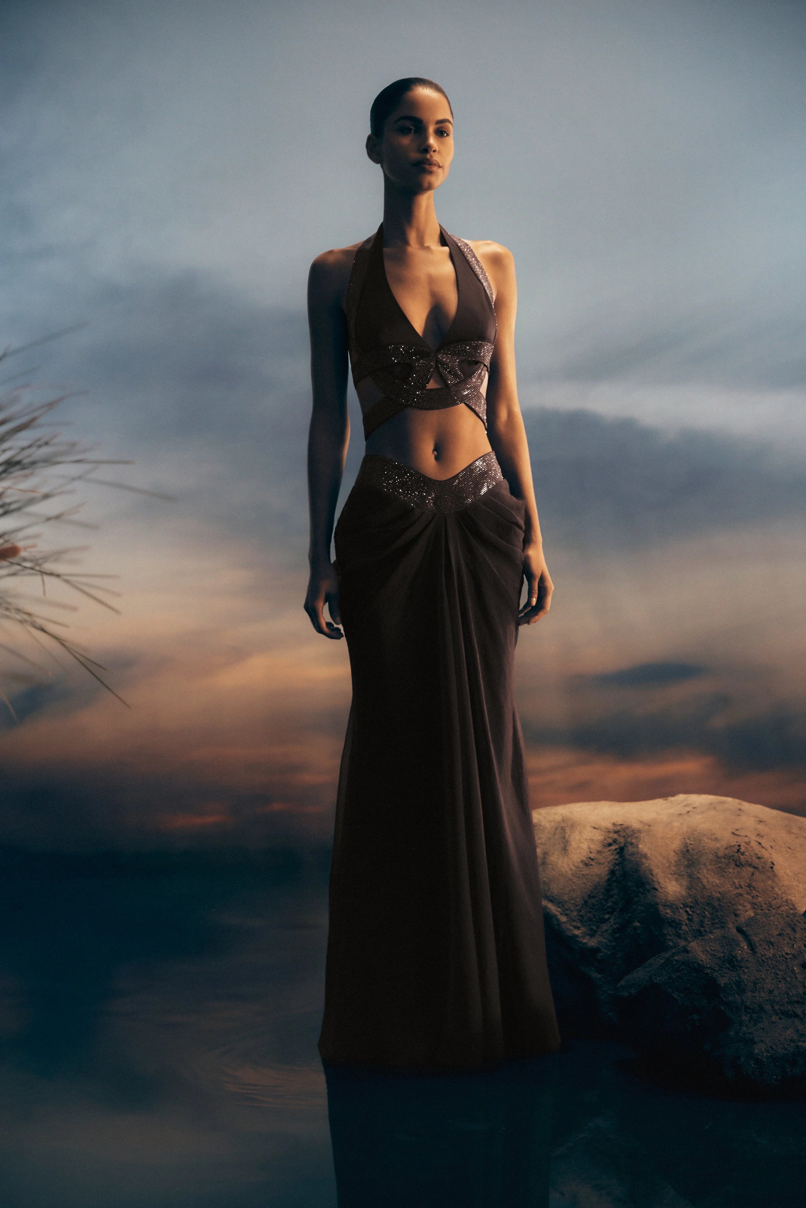 Siren Satin And Diamante Maxi Skirt Dark Chocolate