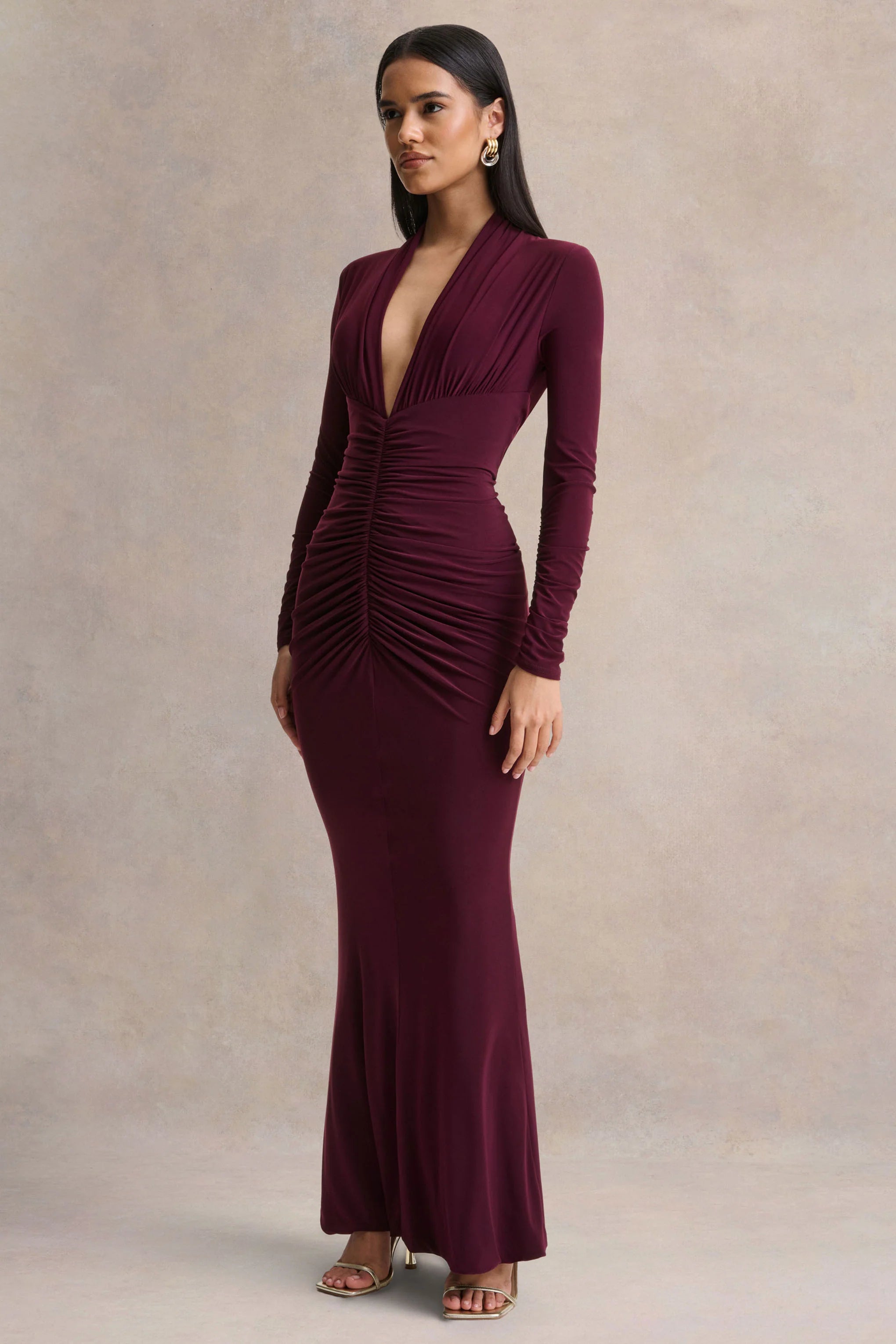 Tami Plum Plunge Neck Long Sleeve Maxi Dress