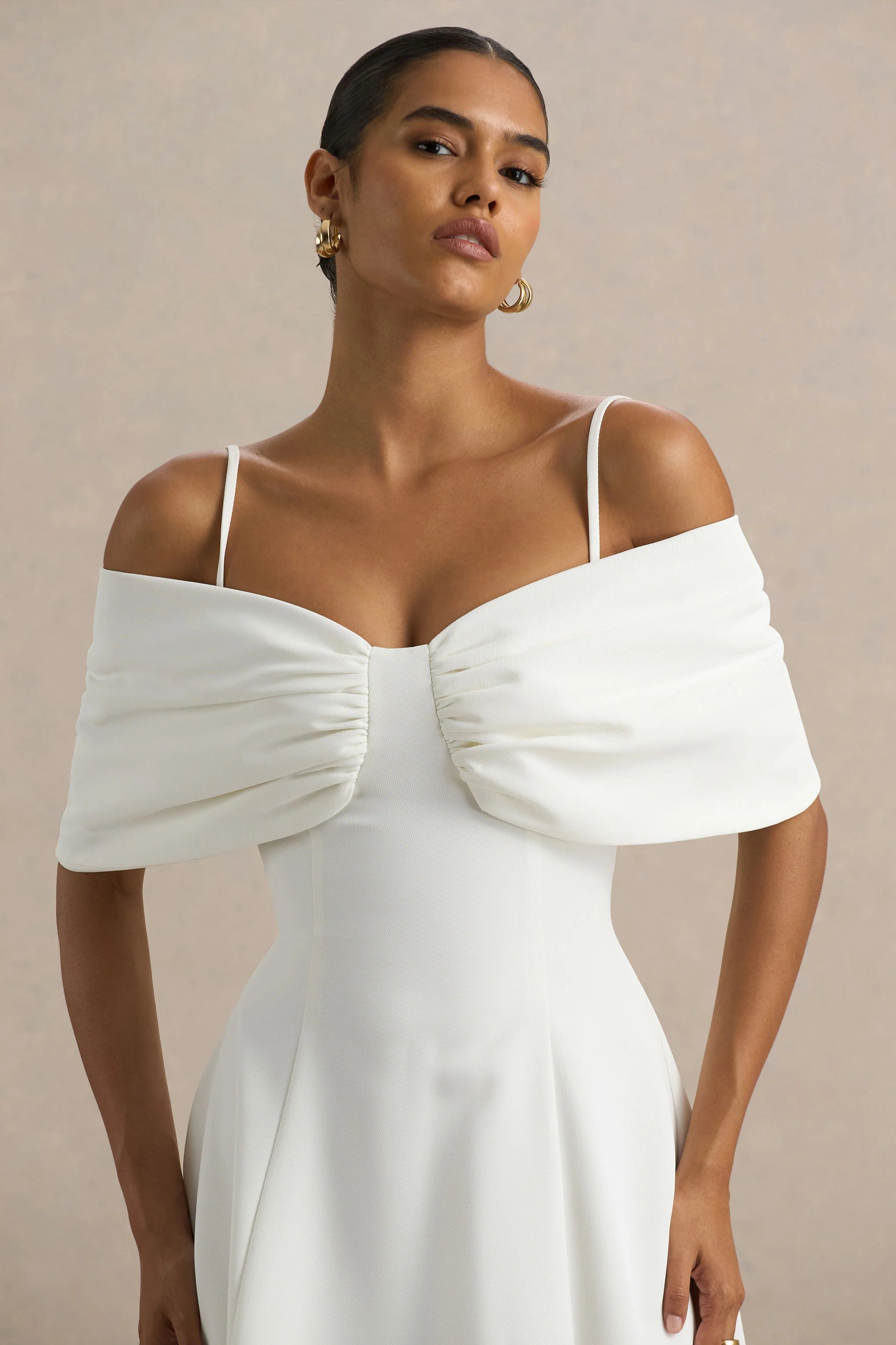 Hettie White Short Sleeve Bardot Midi Dress With Bow Detail