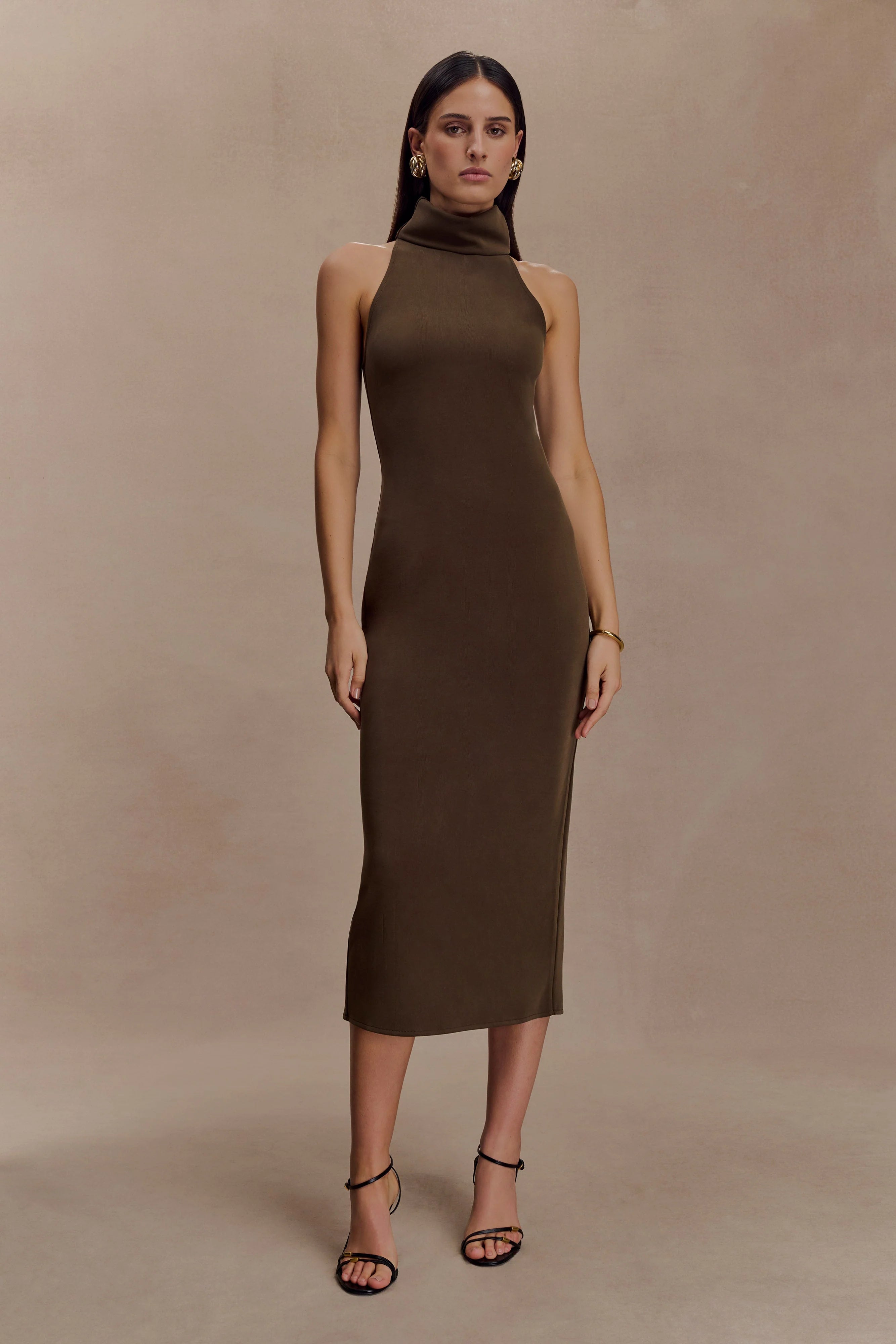Kennedy High Neck Midi Dress Chocolate
