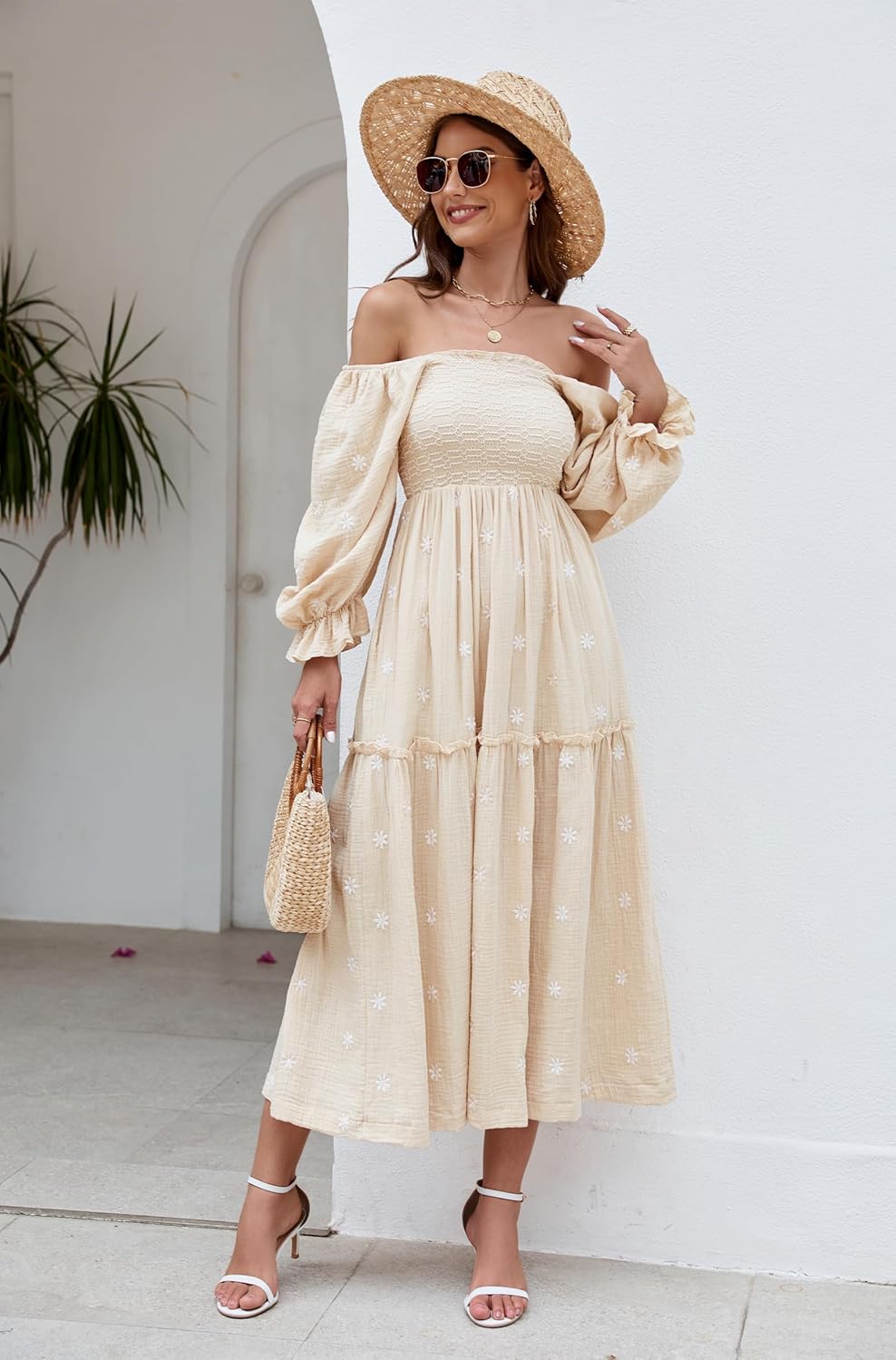 Women Floral Embroidered Maxi Dress Long Puff Sleeve Square Neck Bohemian Flowy Dress with Pockets Summer Fall