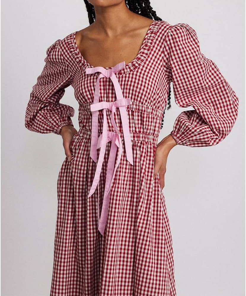 Women Plaid Maxi Dress Long Puff Sleeve Square Neck Flowy Boho Dress Bow Tie Smocked Fall Dresses