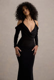 Hurghada Black Plunge Neck Long Sleeve Maxi Dress